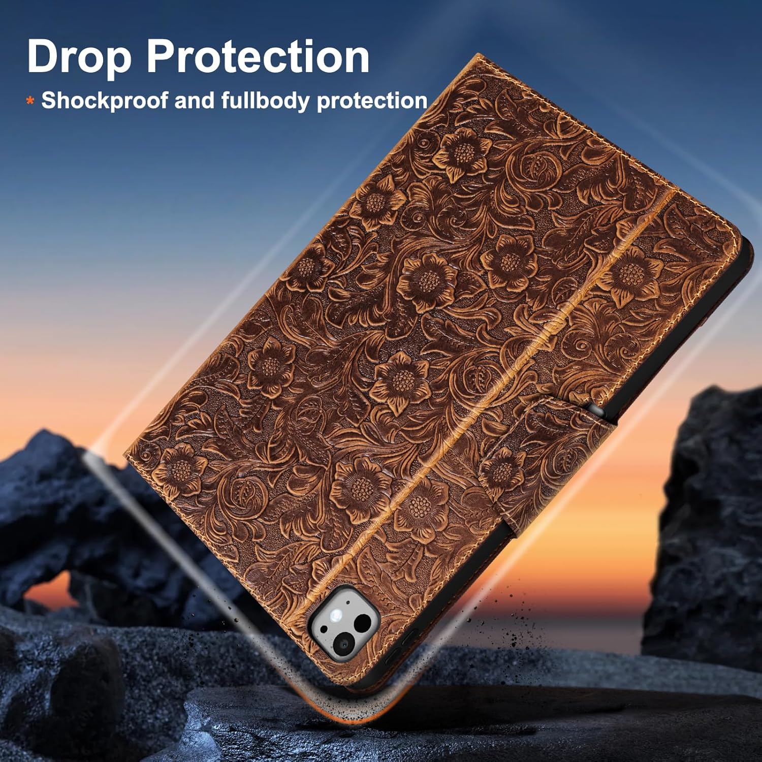 Gexmil Genuine Leather Case for iPad Pro 13 Inch (M5/M4) 2025/2024 with Pencil Holder,Magnetic Closure,Protective Shockproof Smart Leather Folio Cover Adjustable Stand Auto Sleep/Wake,Floral Brown