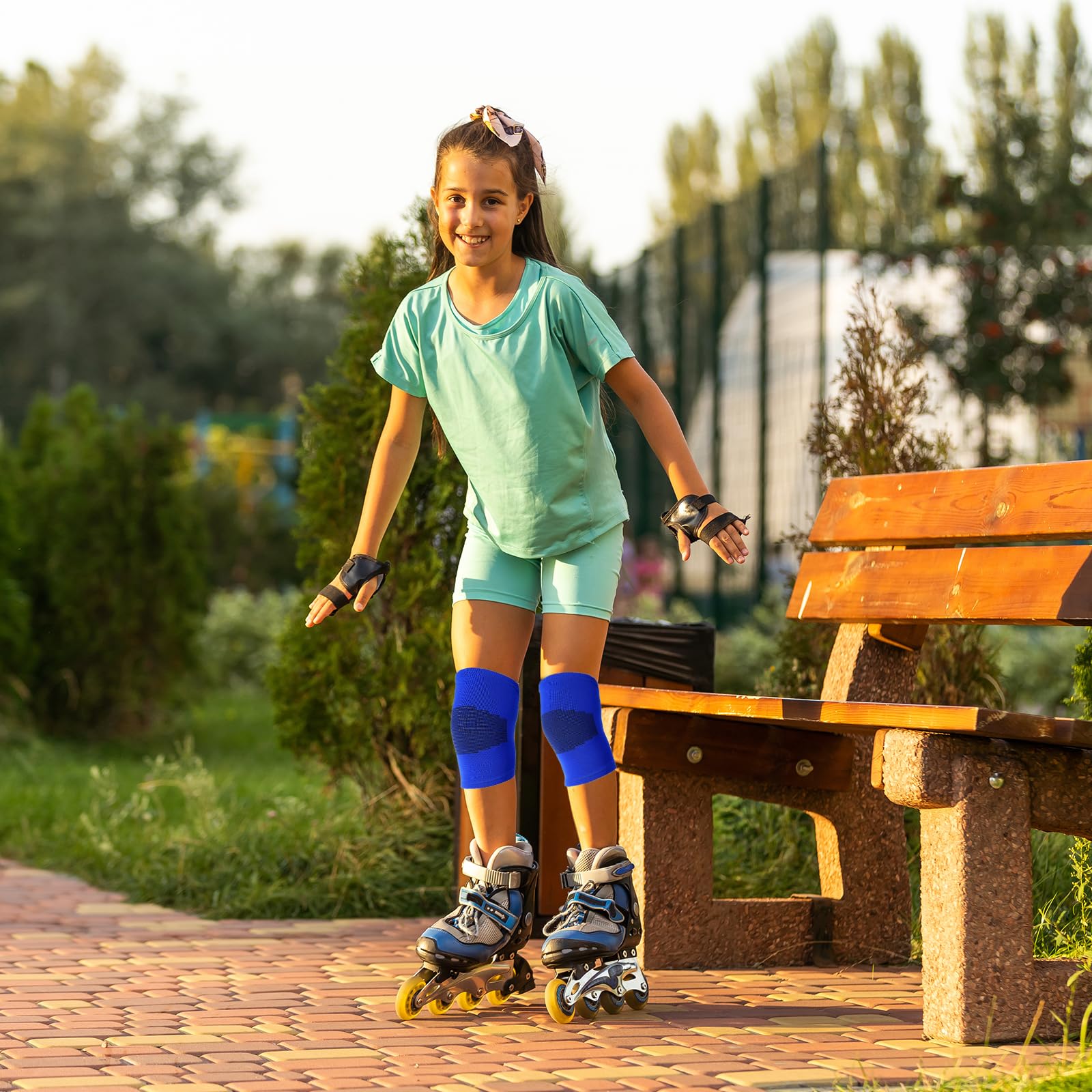Genouillère Enfant Nylon Haute Qualité 4 Pièces Haute Élasticité Travaux, Protege Genoux Diamant, Sports Extérieur (Bleu et Noir)