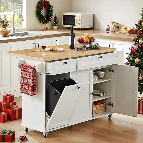 Isla de cocina de 60 pulgadas con toma de corriente y hoja de caída, isla rodante de cocina con estante para especias y toallero, soporte para