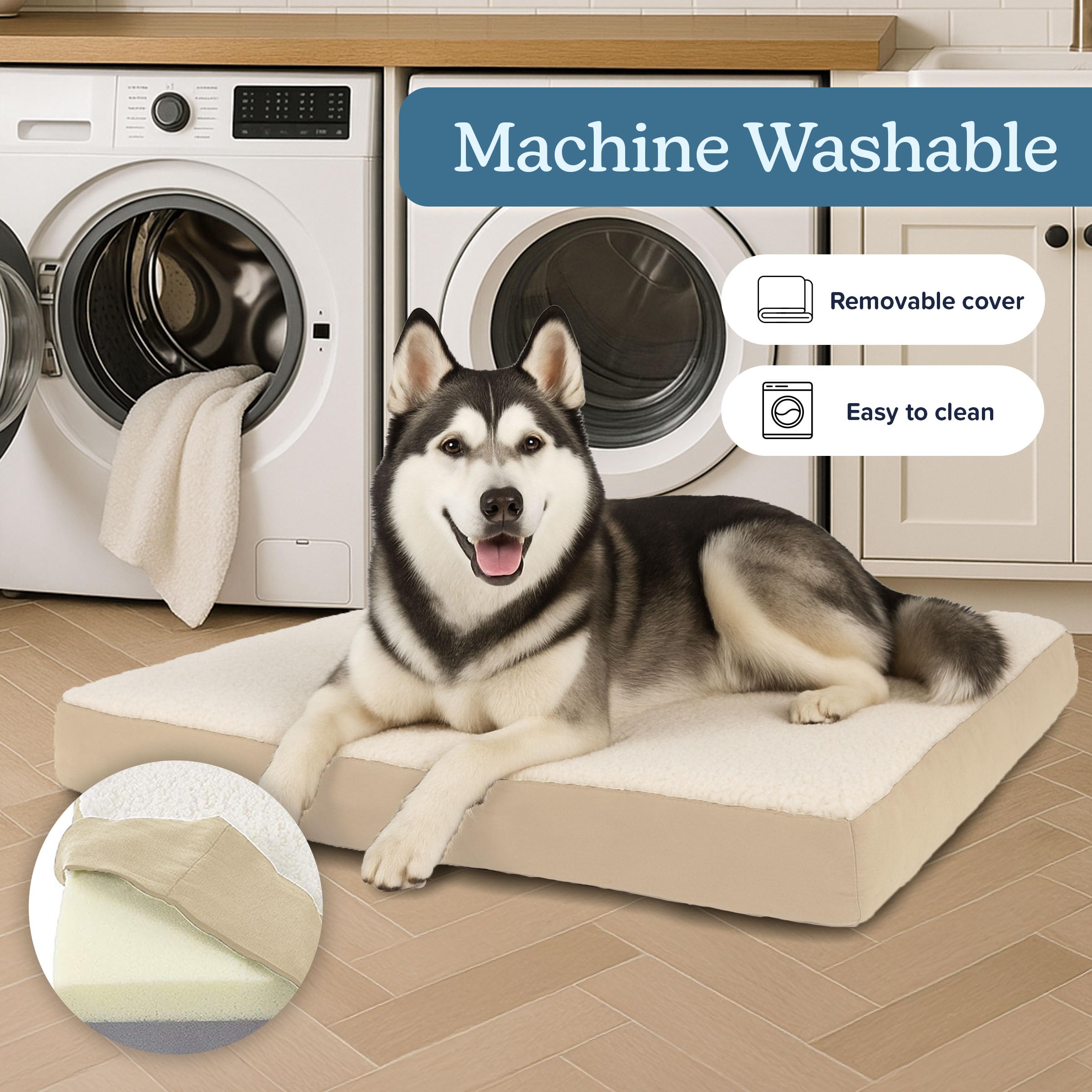 Petmaker Lit orthopédique pour chien – Tapis de cage en mousse à mémoire de forme à 2 couches avec housse Sherpa lavable en machine – Lit pour animaux de compagnie de grande taille pesant jusqu'à 45,4