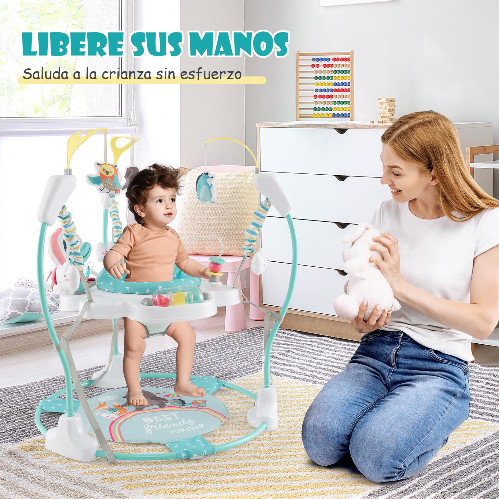 GOPLUS Centro de Actividades para Bebé, Saltador Bebe Zoo con Asiento Giratorio 360°, Altura Ajustable y 9 Juguetes Interactivos, Andador con Luces y Música, para Bebés 6 Meses+ (Azul)