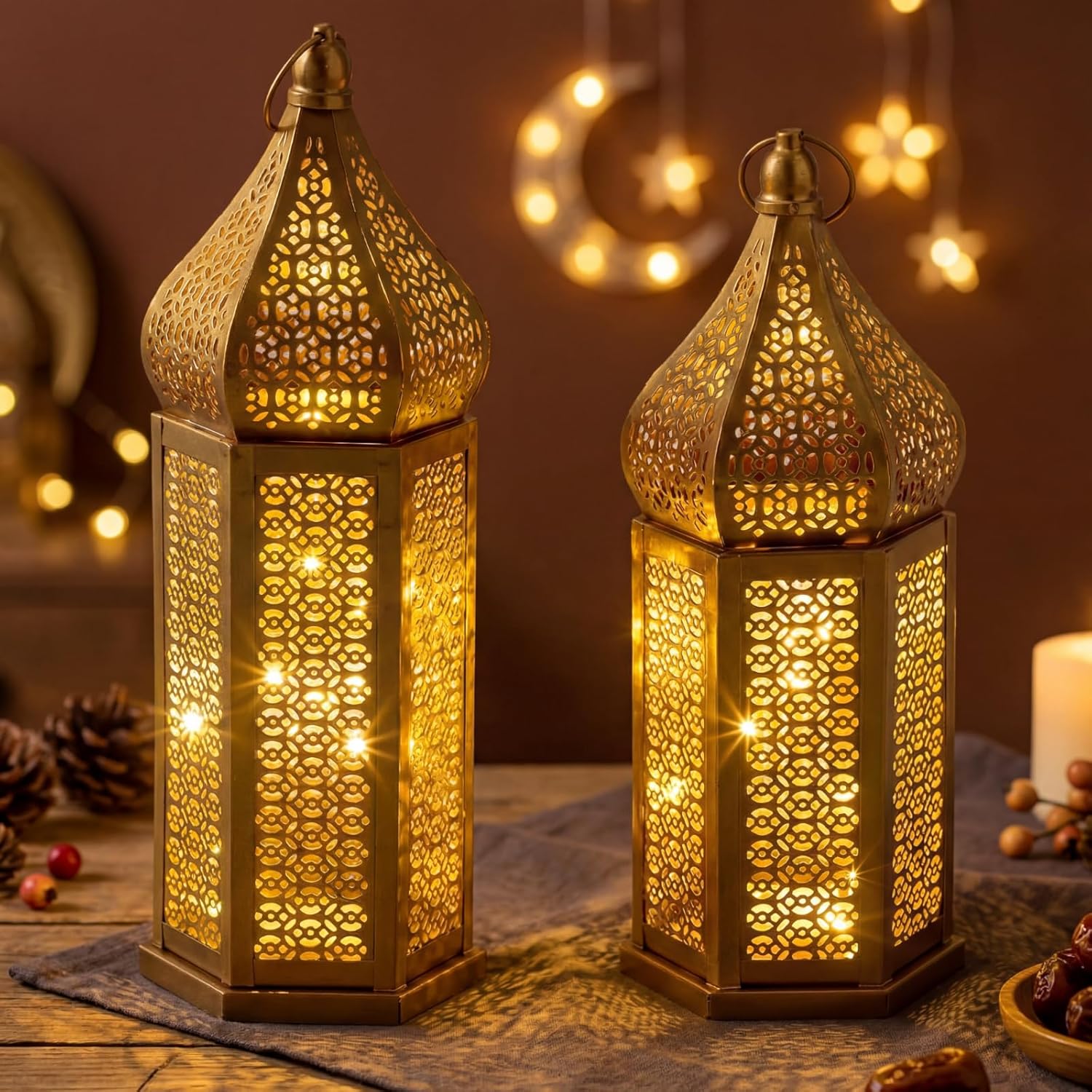 Set of 2 Ramadan Lanterns Eid Decorations 16" 14" LED Large Candle Lantern Vintage Gold Metal Moroccan Lanterns with Lights Ramadan Decor for Table, Wall, Patio, Porch, Indoor Outdoor Home