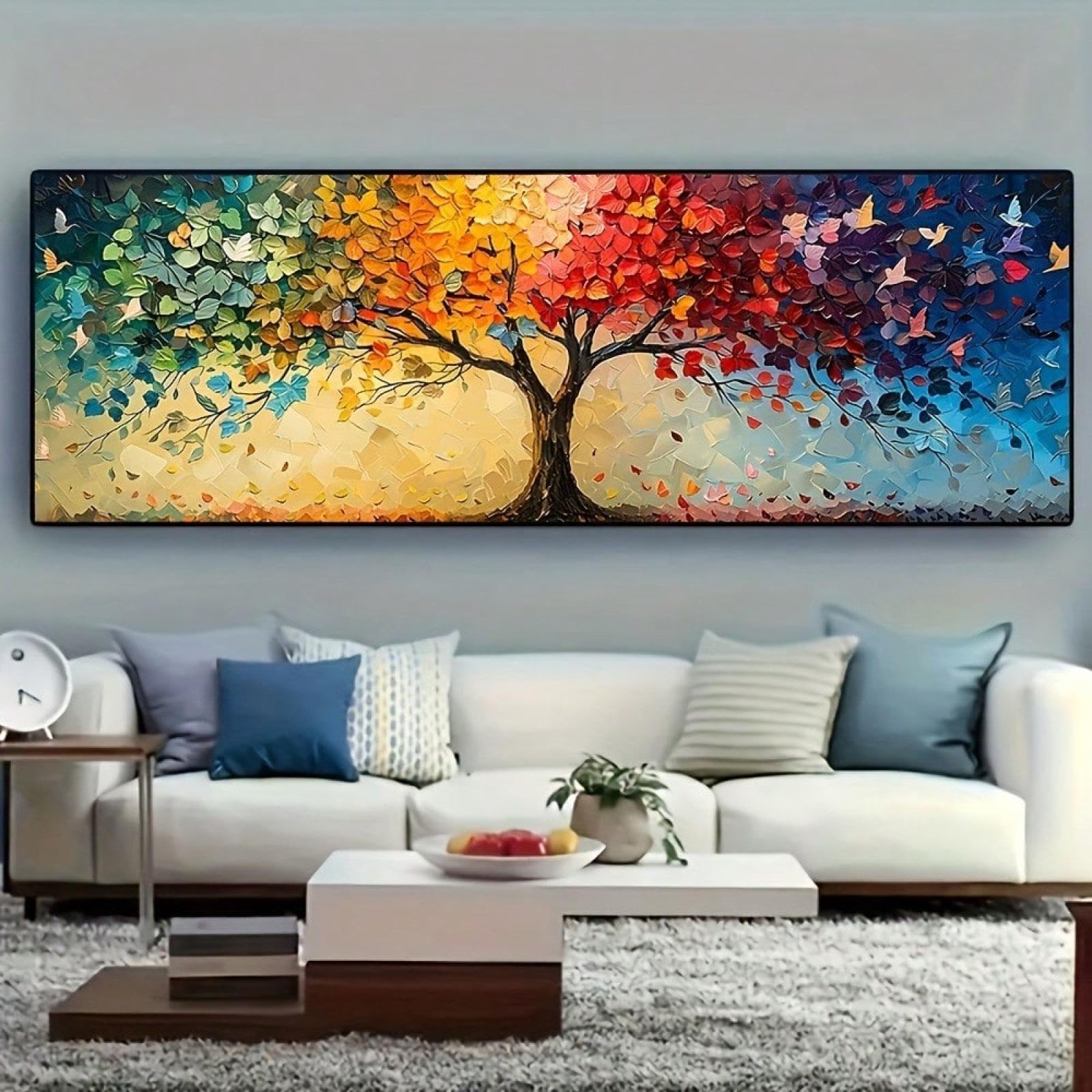 XBTYKPB Cuadro de gran árbol de la vida con diseño geométrico contemporáneo, primavera, verano, estaciones, paisaje, lienzo, arte de pared, impresiones, póster, marco de 50 x 150 cm