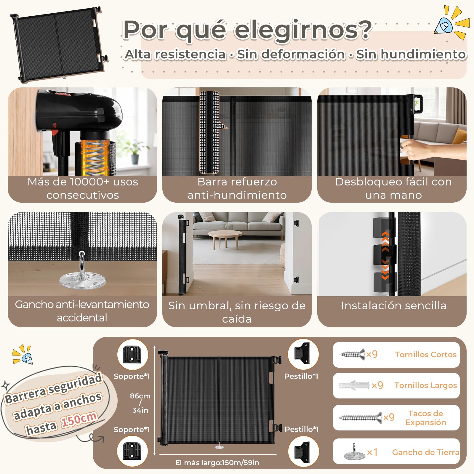Ycozy 2026 Barrera Seguridad Niños Escalera Extensible 0-150cm Puerta Escalera Bebé Seguridad Retráctil con Diseño Barra Reforzada, Valla para Perros Infantil Pasillo Interiore Exteriore