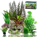 Aquarium Decorations Plants, 9Pcs Artificial Fish Tank Plants and Rock Decor Set, Fish Tank Accessories Fish Tank Decor, Aquarium Decor Fish Tank Plastic Plants (4cm-28cm)