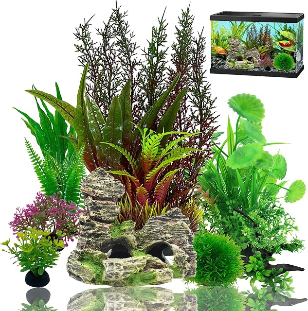 Aquarium Decorations Plants, 9Pcs Artificial Fish Tank Plants and Rock Decor Set, Fish Tank Accessories Fish Tank Decor, Aquarium Decor Fish Tank Plastic Plants (4cm-28cm)