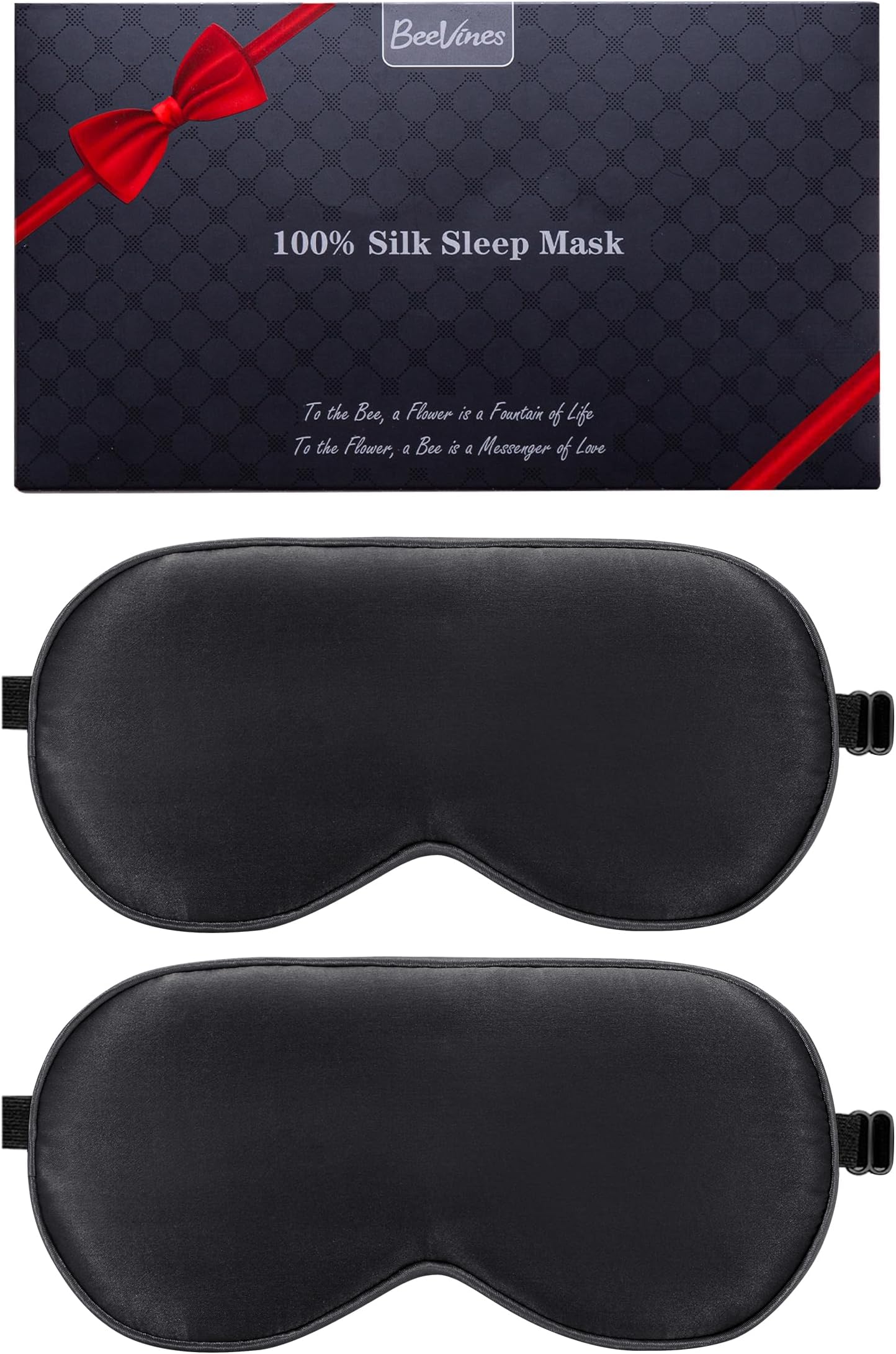 BeeVines Sleep Mask, 2 Pack 100% Real Natural Silk Eye Masks with Adjustable Strap for Sleeping, Mulberry Silk Eye Sleep Shade Cover, Blocks Light Reduces Puffy Eyes Traveling Gifts (Black & Black)