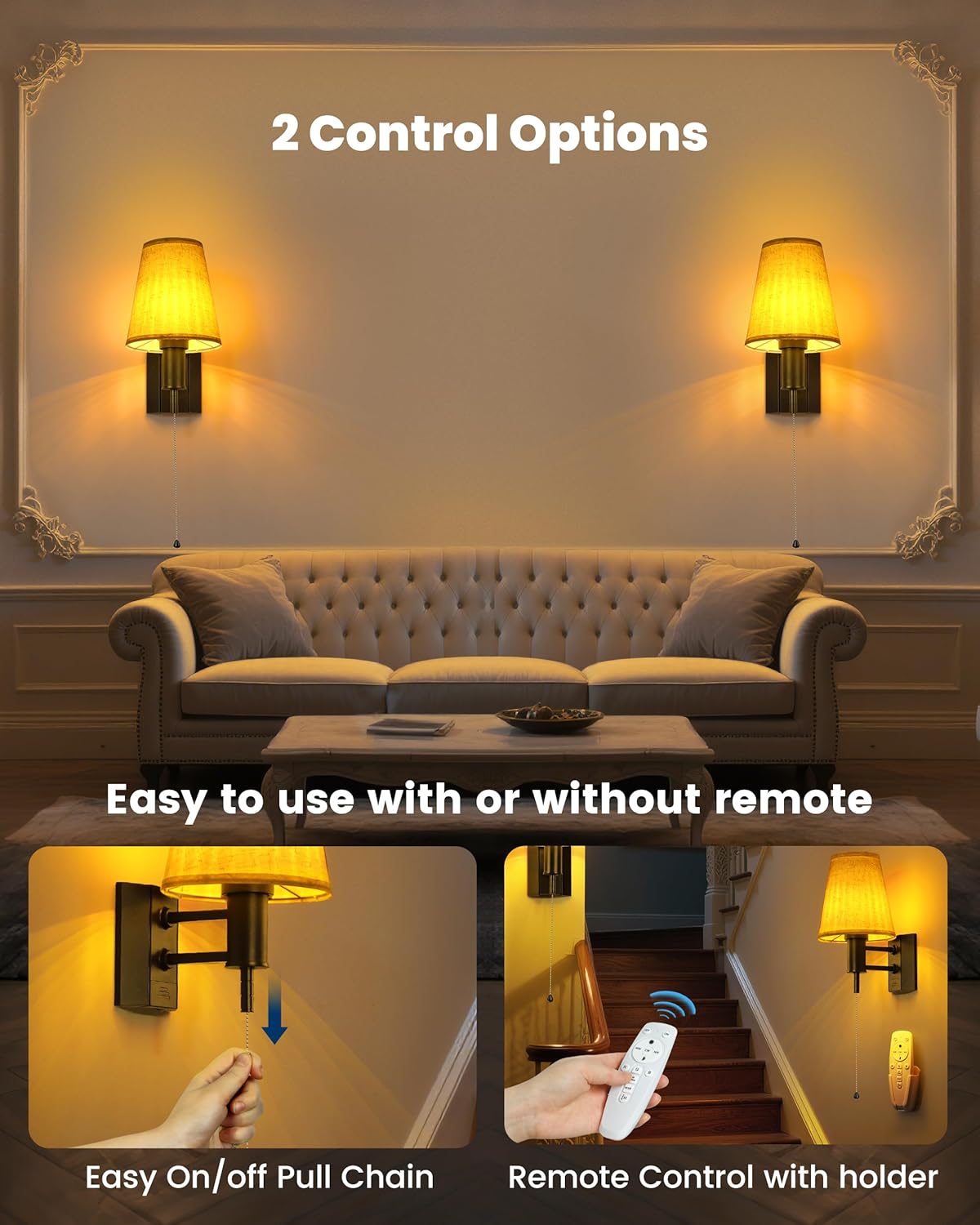 Rechargeable Battery Operated Wall Sconces Set of 2, Wireless LED Wall Lights with Remote & On/Off Pull Chain, Wall Mounted Lamp Lighting Fixture for Bedroom Living Room, Matte Black