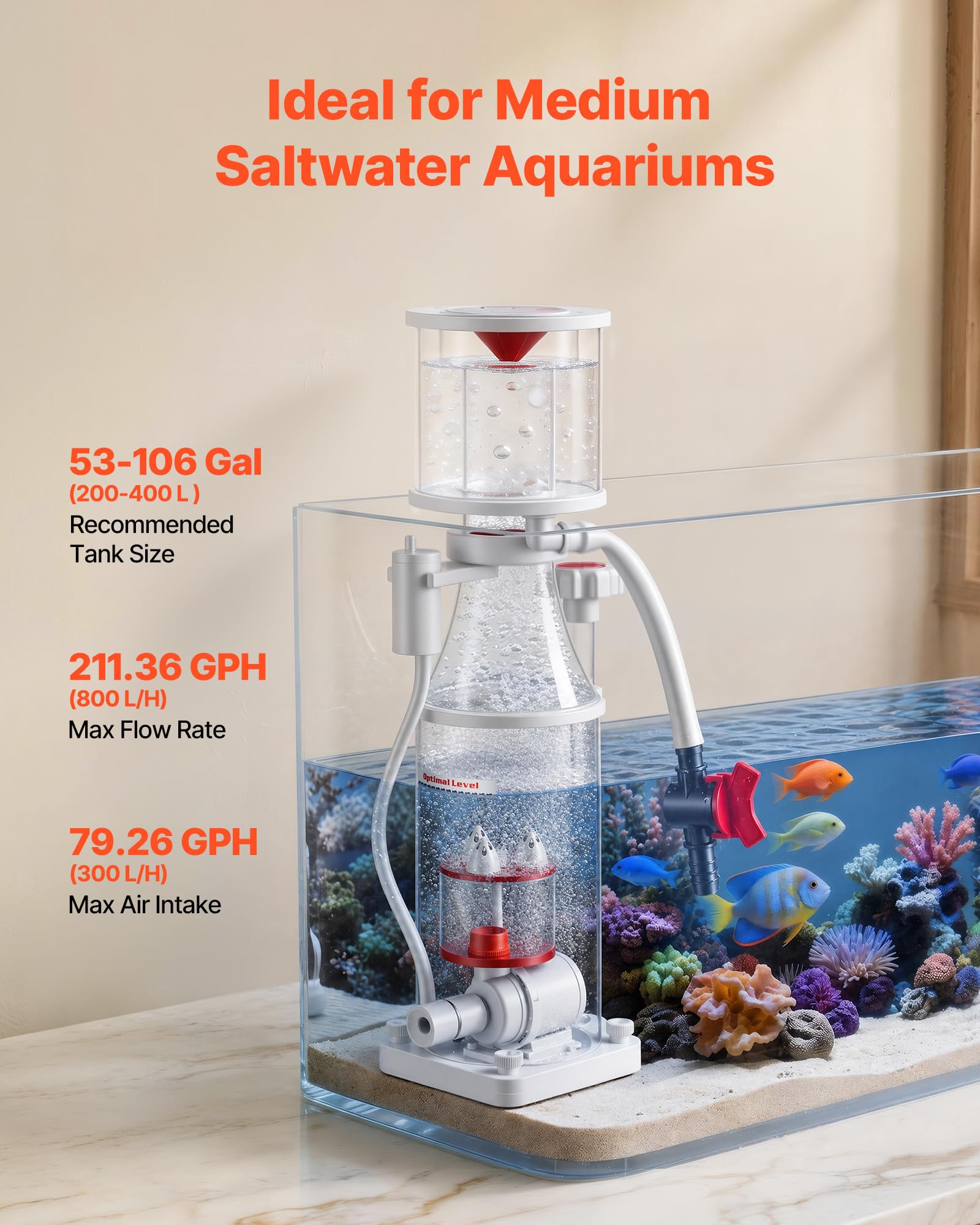 VEVOR Skimmer de Proteínas 379 L para Acuarios de Agua Salada de 200-400 L, Con Bomba de Paletas de CC, Control Ajustable, Funcionamiento con Bajo Nivel de Ruido, Entrada Máxima de Aire de 300 L/H