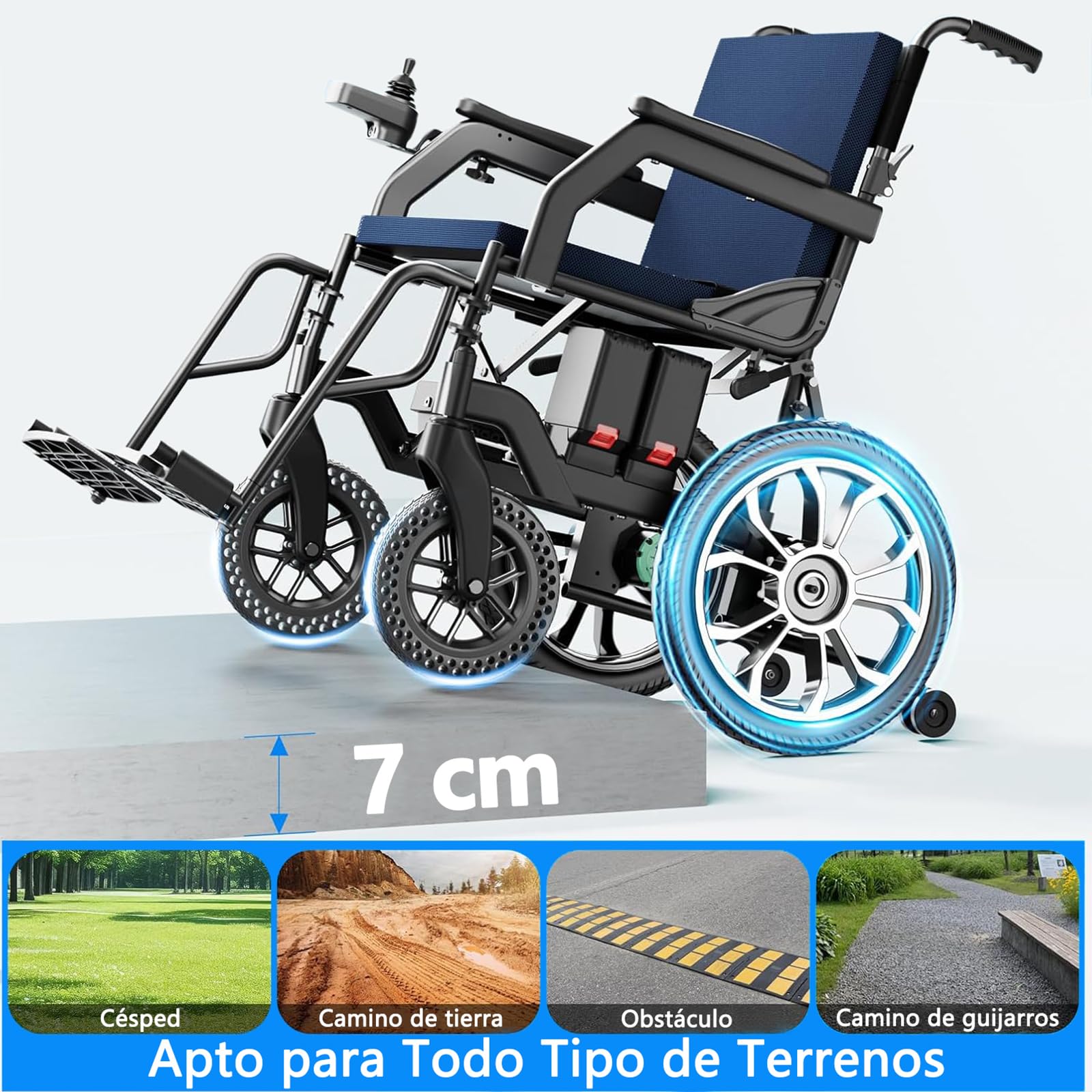 AMITD Silla de Ruedas Eléctrica Plegable Ligero Todo Terreno, 20 kg, Autonomía 20 km, Carga 150 kg, Ruedas de 16 Pulgadas, Doble Batería de Litio Extraíble, para Interior Exterior Viajar