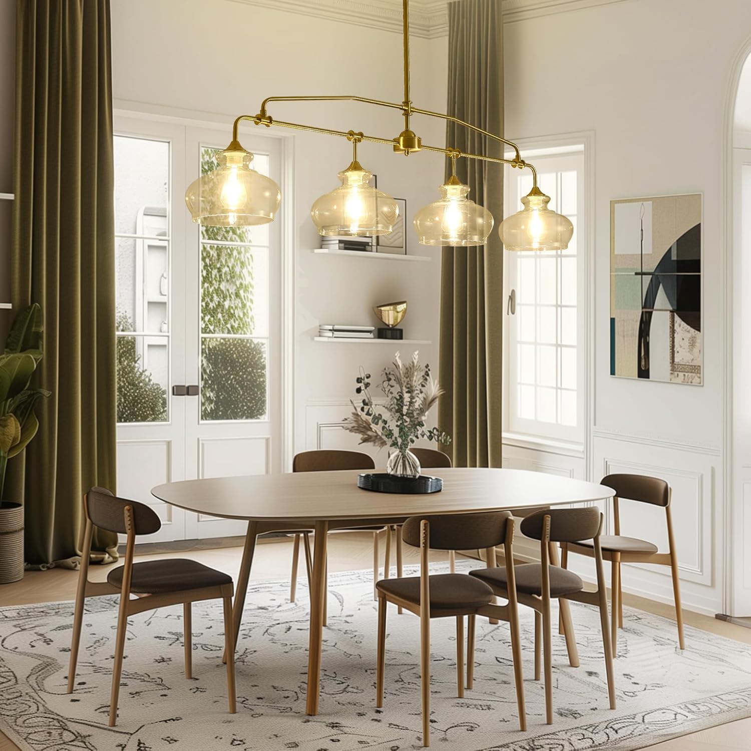 Adjustable Kitchen Island Pendant Light, 4-Lights Brass Farmhouse Chandelier with Clear Glass Shade, Dimmable Hanging Light for Dining Table, Bar (58.46in)