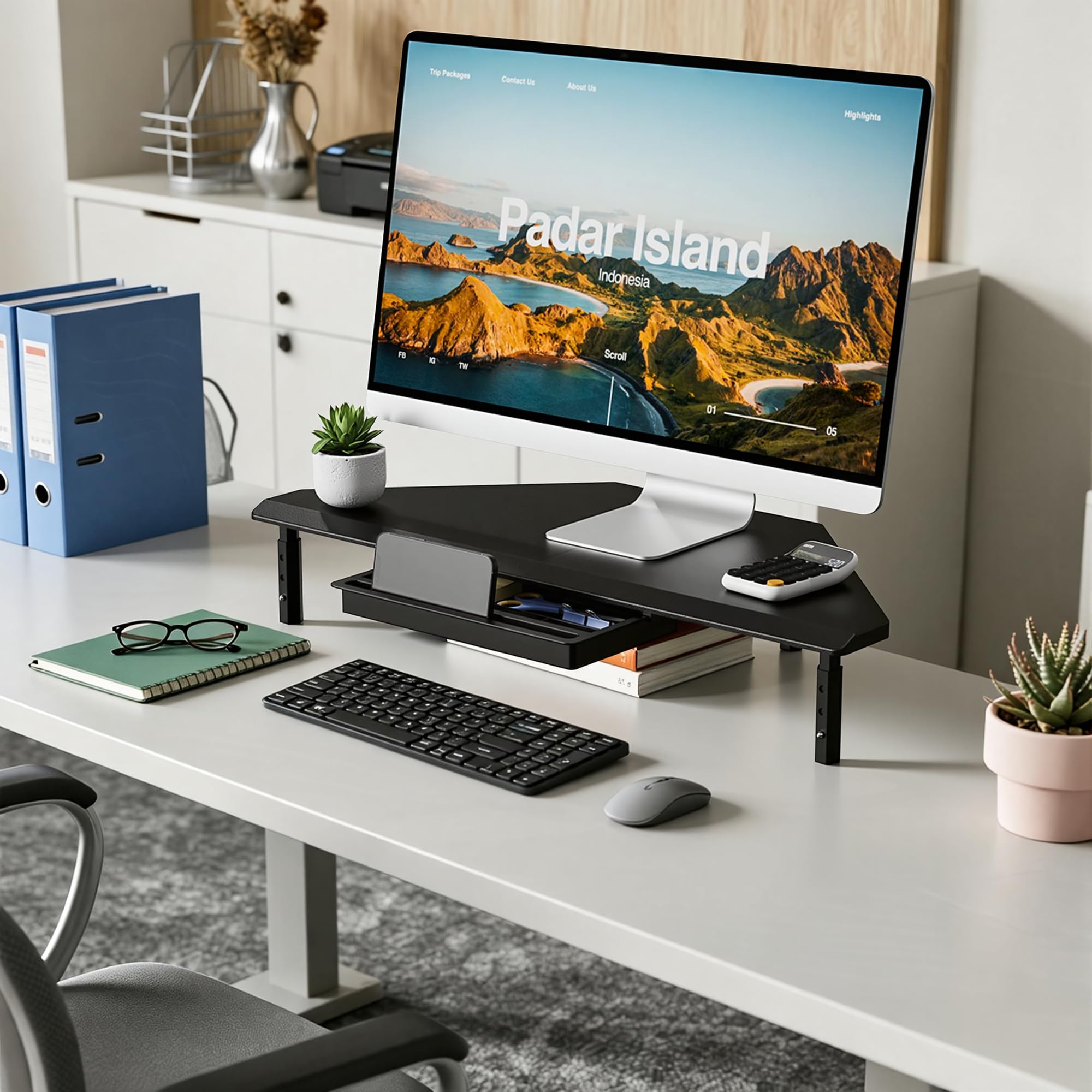 ETHU Supporto triangolare per monitor con cassetto, regolabile in altezza, per PC/laptop, supporto ergonomico per computer desktop, supporta 20 kg, nero