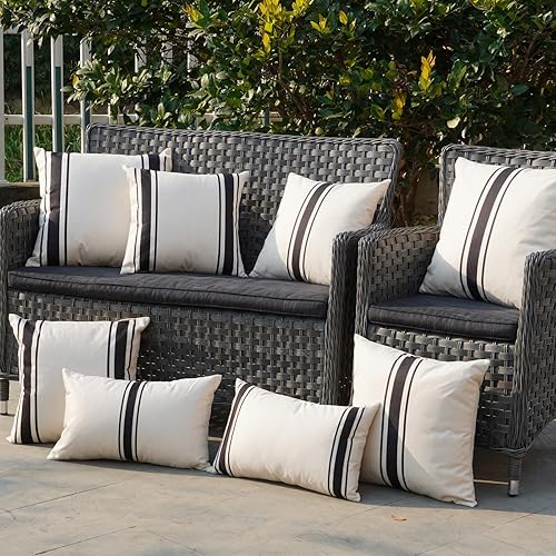 Miniatura 7 de ONWAY Juego de 2 fundas de almohada para exteriores impermeables de 20 x 20 pulgadas, fundas decorativas de lino para cojines de exteriores a rayas