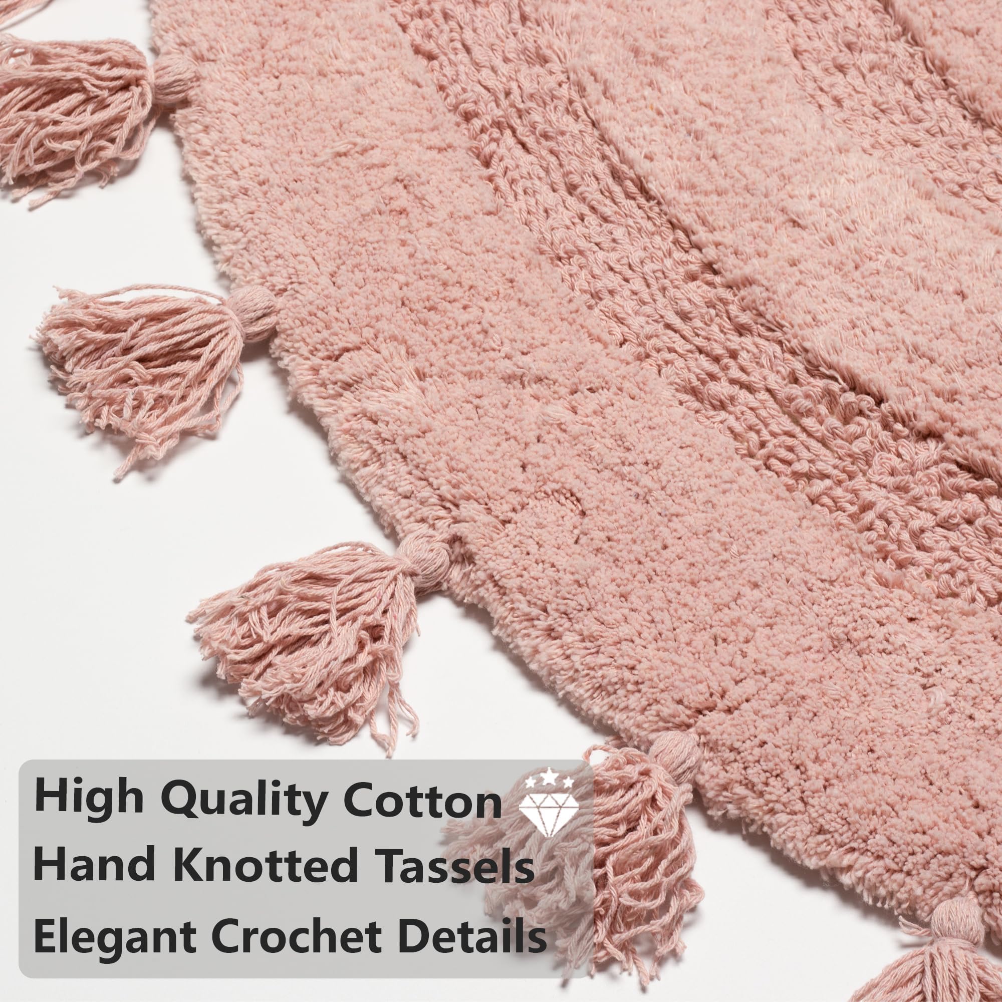 KOEXM Alfombra bohemia de medio círculo con borlas para dormitorio, hermosa alfombra de baño hecha a mano de ganchillo suave de algodón rosa rubor, antideslizante, absorbente, lavable, bonita alfombra