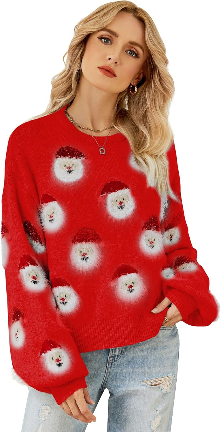 Lesmart Womens Ugly Christmas Sweater Funny Santa Funny Xmas Holiday Party Knitted Pullover