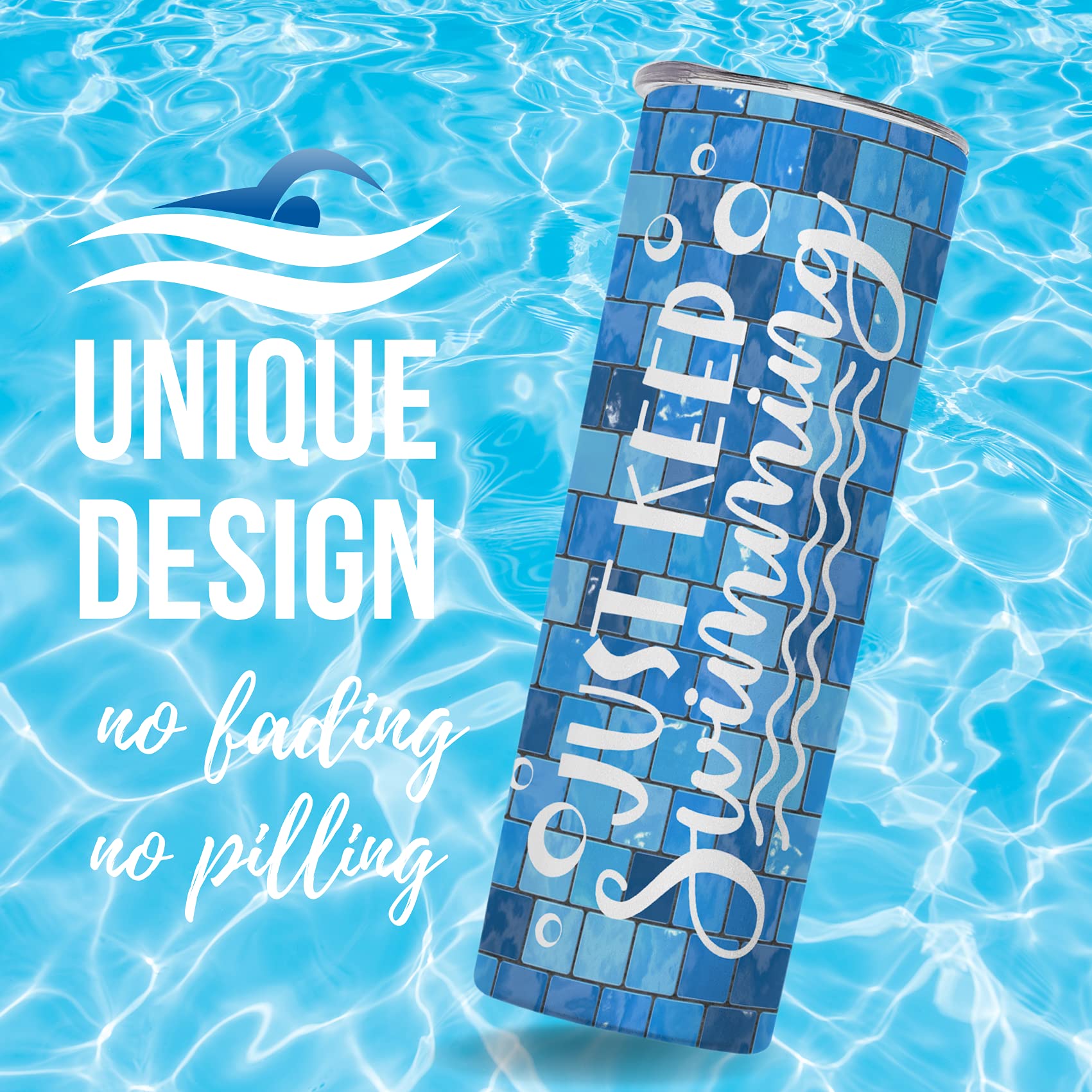 Onebttl Swimming Gifts, Swimmer Stainless Steel 20oz Skinny Tumbler for Women, Men, Teen Girls, Teammate, Coach, Swimming Pool Tiles - Just Keep Swimming