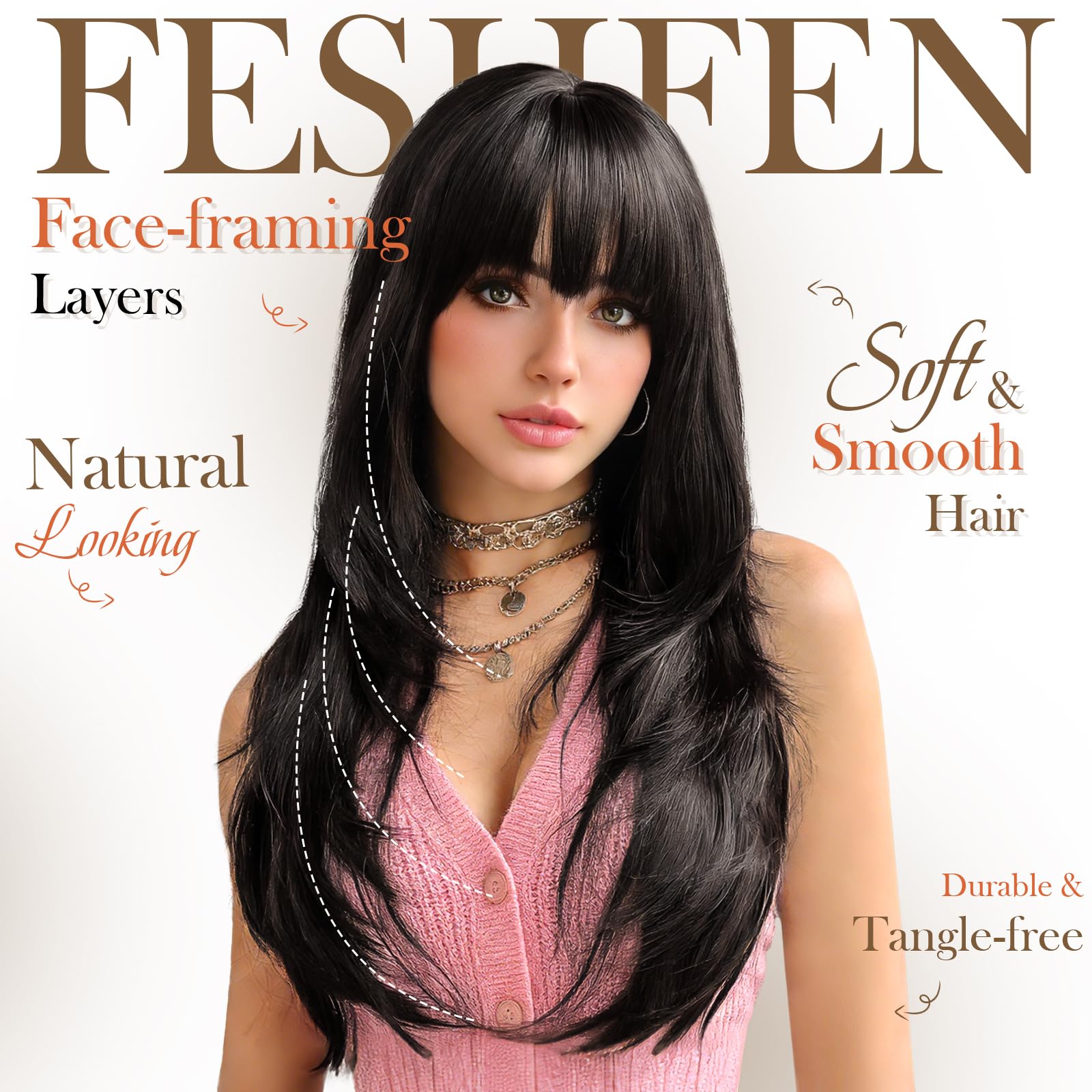 FESHFEN Perruque Layered avec Frange - Perruques Lisse et Droite pour Femmes Noir Brun Cheveux Naturels Synthétiques Wig pour Fêtes Quotidienne, 60 cm