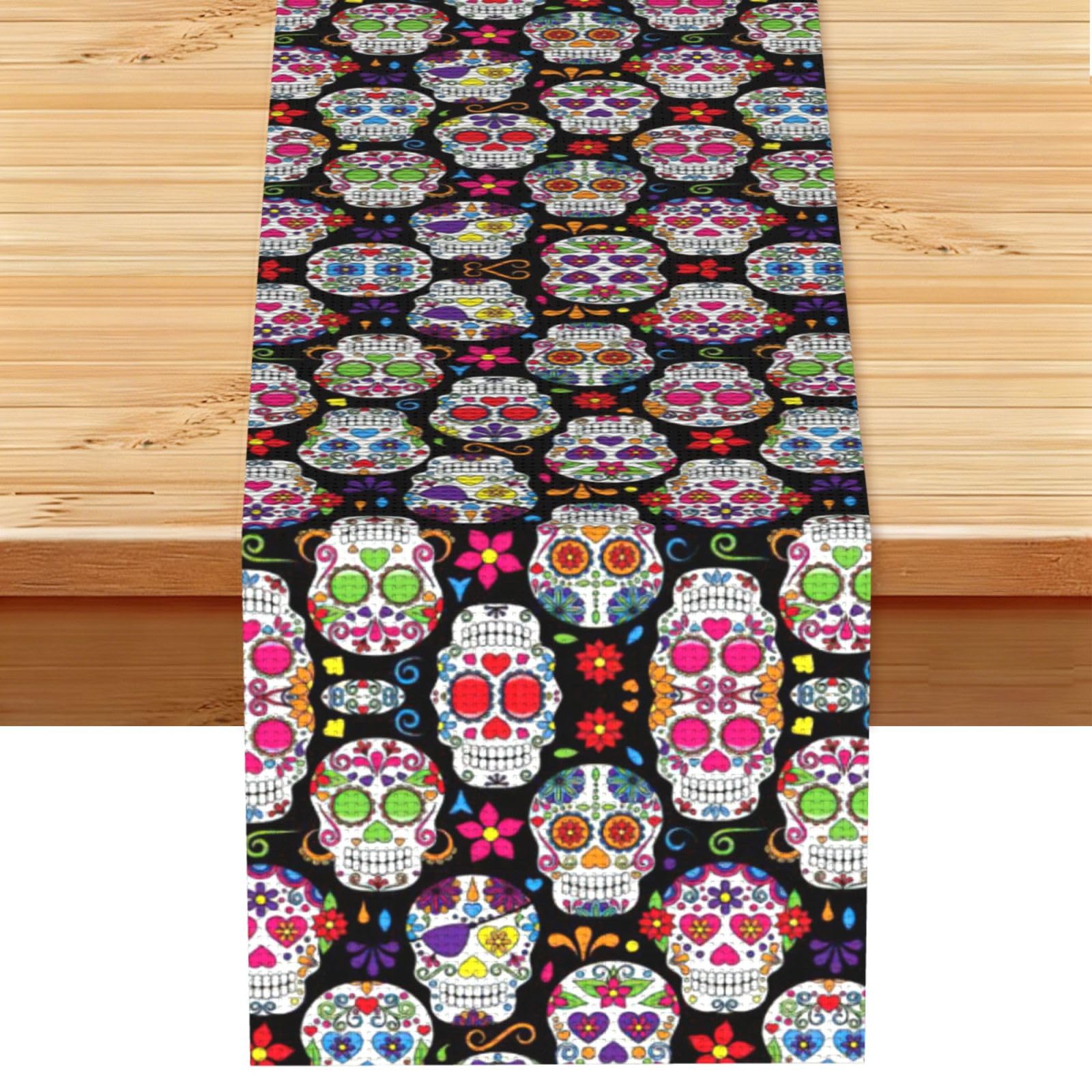 Sugar Skulls Printed Dining Table Runner 13x72 Inch, Non-Fading Decor for Kitchen Dresser Fireplace Mantel