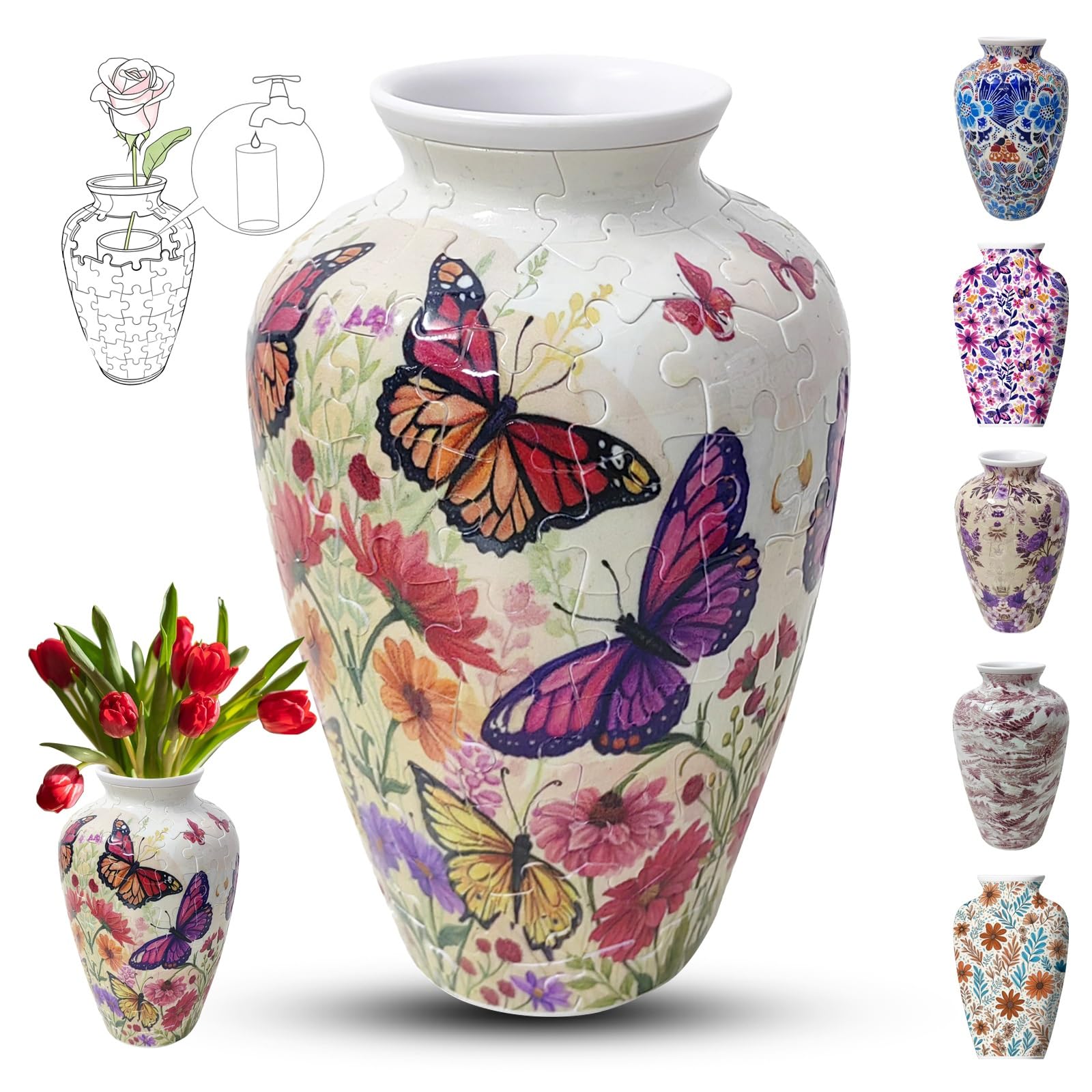Adults 3D Jigsaw Vase, 120 Pieces, DIY Jigsaw Puzzle, 3D curved puzzle with water column, perfect for displaying real or artificial flowers and flower arrangements(Butterflies)