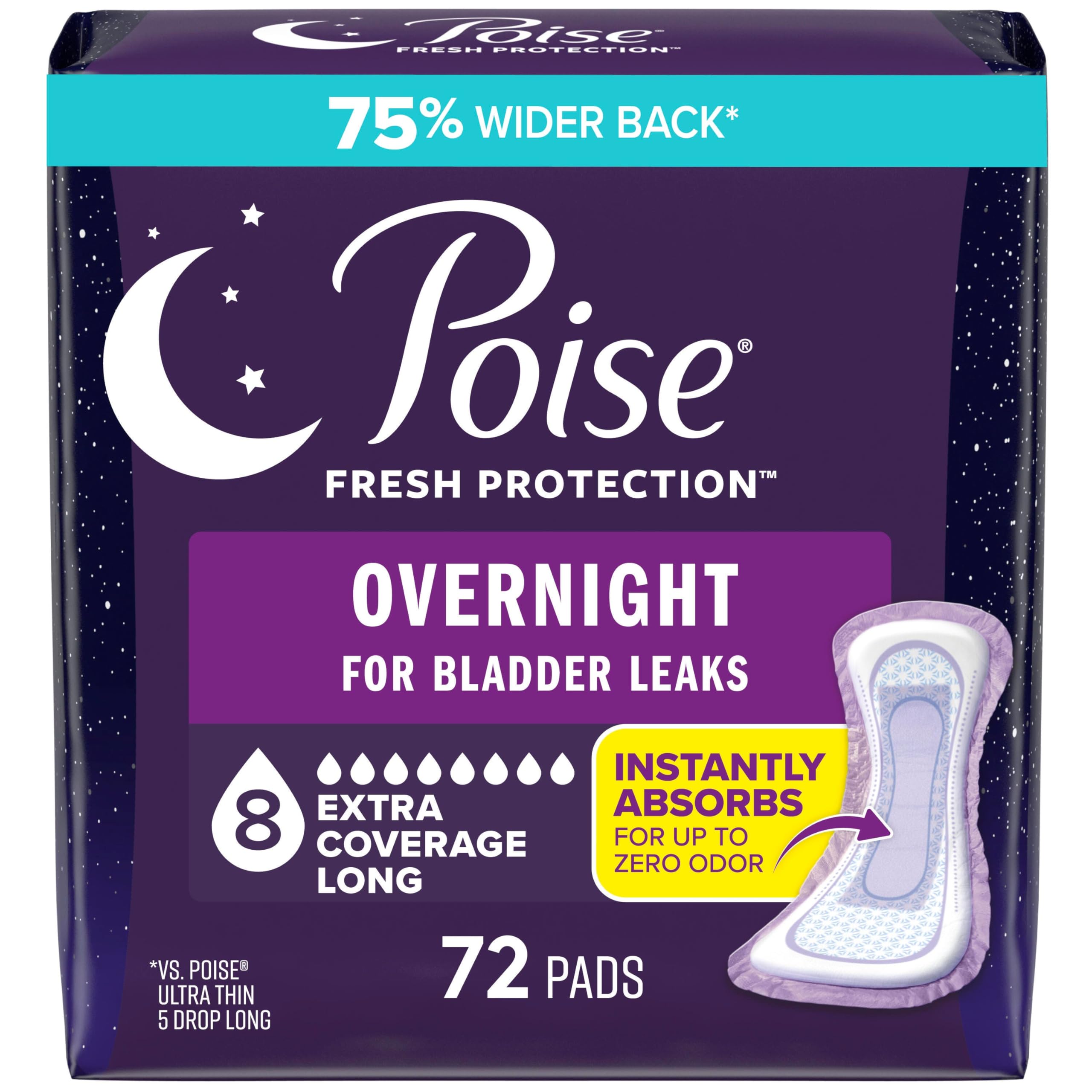 PoisePoise Overnight Incontinence & Postpartum Pads for Bladder Leaks, 8 Drop Extra Coverage, 72 Count (2 Packs of 36), Packaging May Vary