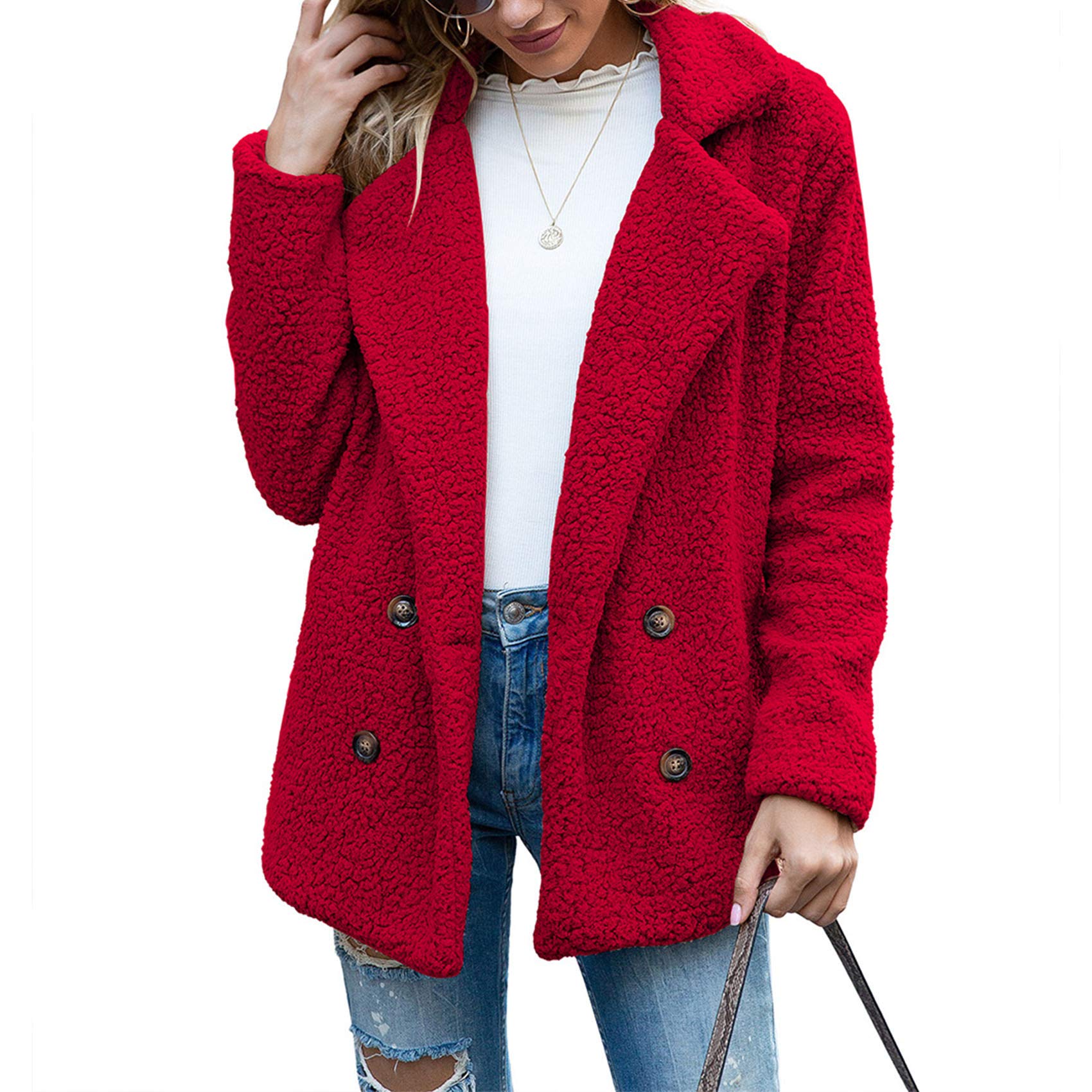 Boutons d'automne Et d'hiver, Revers, Cardigan en Molleton Ample, Manteau De Laine GâTeau De Mouton Femmes, Vestes, Hauts