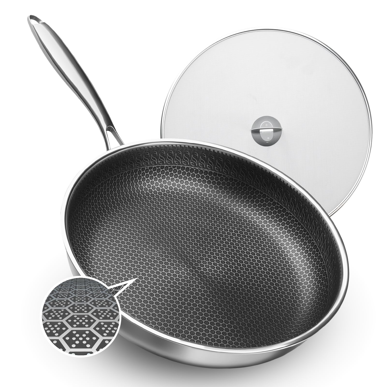Padella Ibrida Inox Antiaderente 32cm con Superficie a Nido d'Ape | Padella Senza PFAS con Struttura Tri-Ply, Compatibile Induzione, Forno e Lavastoviglie