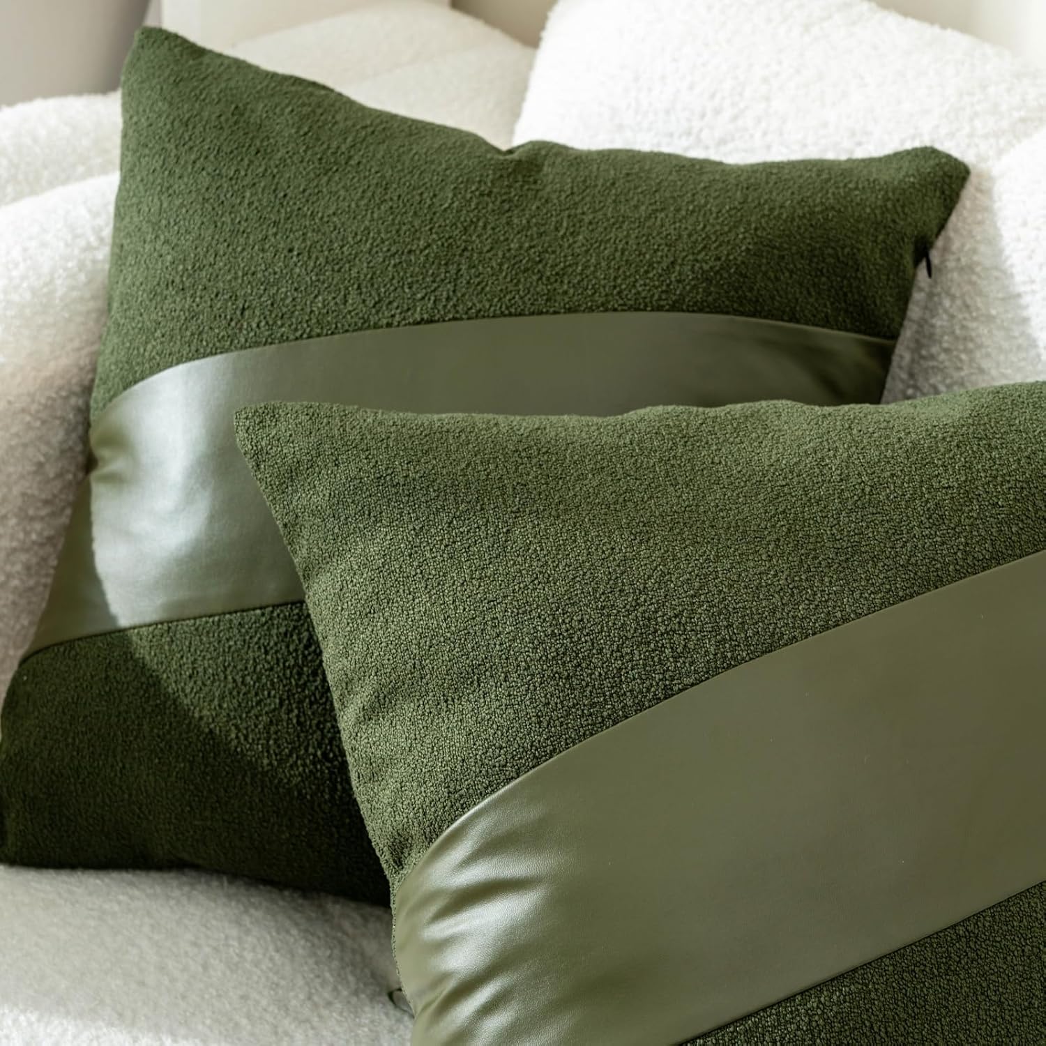 Boho Farmhouse Olive Green Boucle Throw Pillow Covers with Faux Leather 18 * 18 Inch Set of 2 - Modern Nordic Cushion Covers Fluffy Textured Home Decor for Couch, Bed, Sofa, Living Room - Image 2