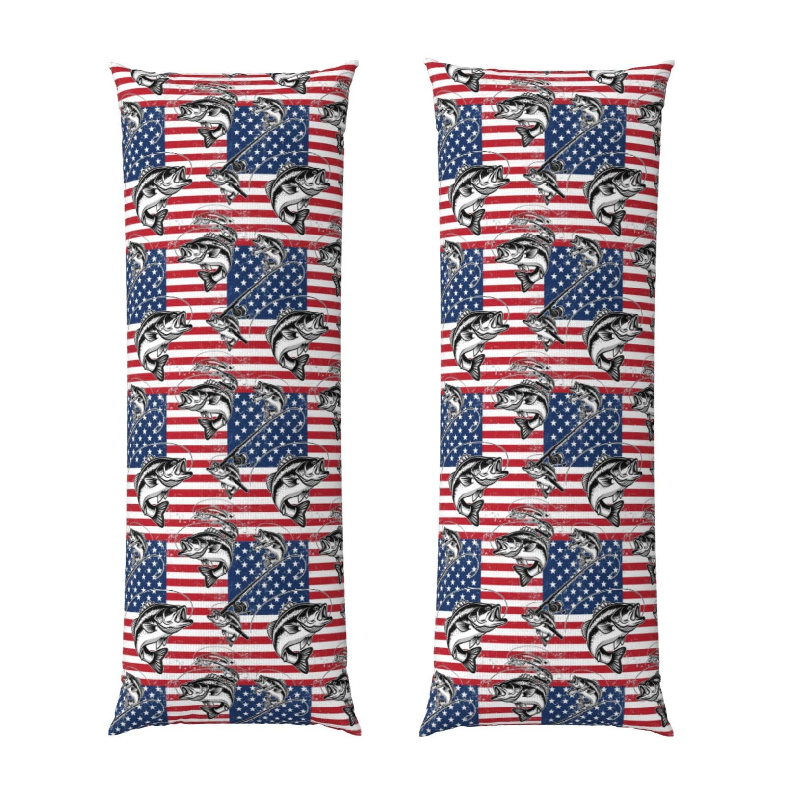 Body Pillow Cover 20x54 Inch, Bass Fish Fishing Lure American Flag, Plush Velvet Long Pillowcase with Zipper, Softffy Rectangular Case for Couch Bed Hotel Decor