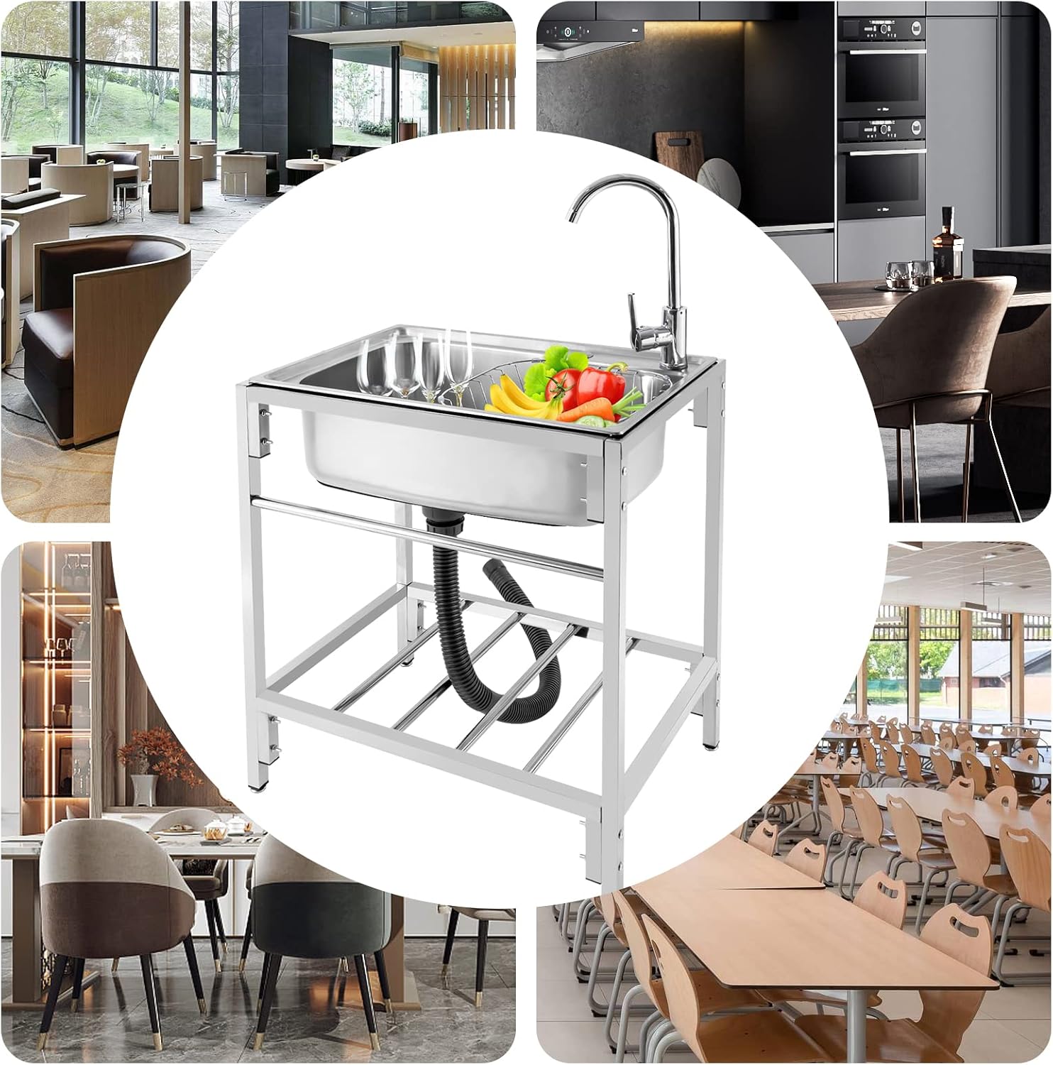 Stainless Steel Freestanding Single Bowl Basin Sink with Hot Cold Faucet and Storage Shelves，Freestanding Commercial Hand Wash Basin for Laundry Kitchen Restaurant 24 * 14.5 * 8.3in