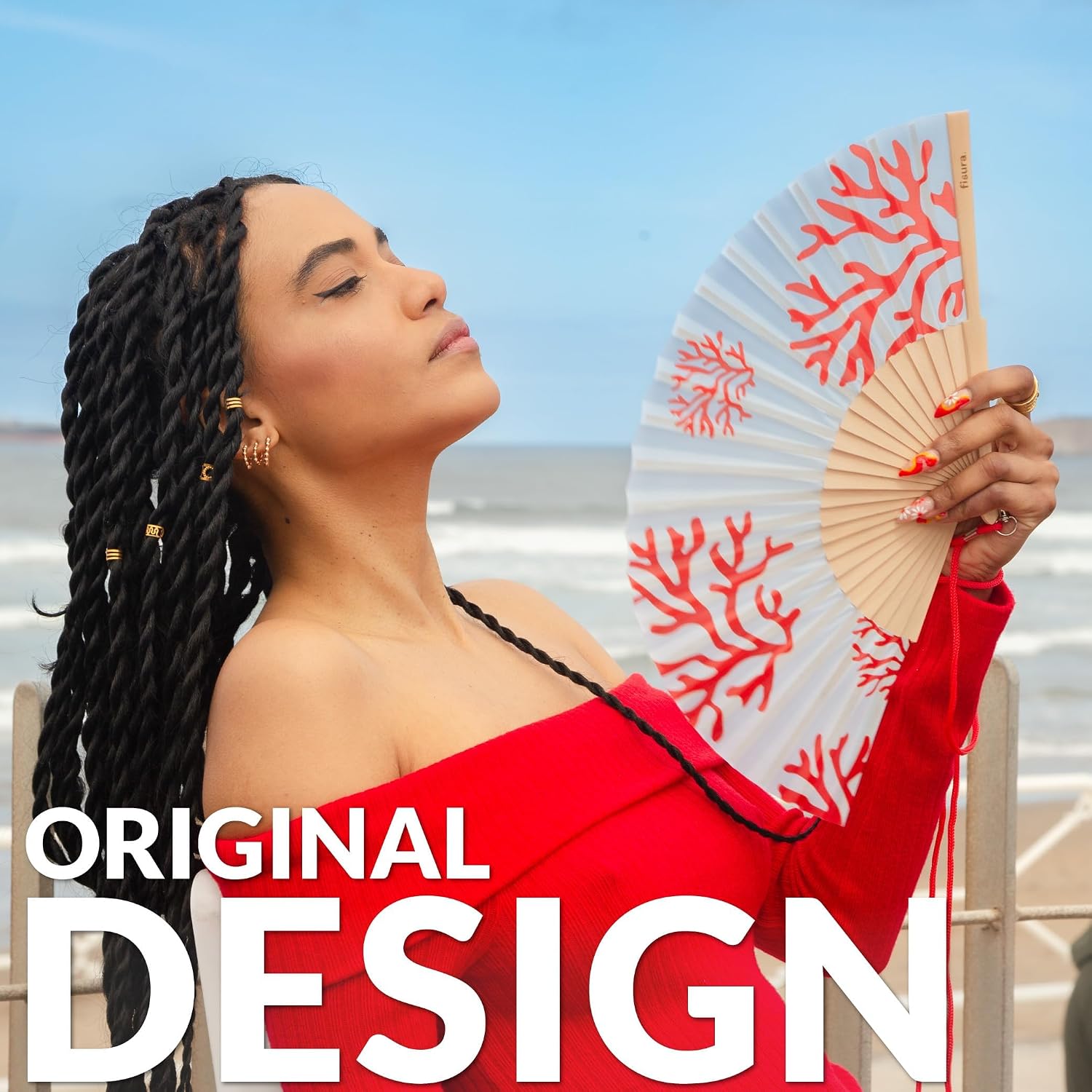 Fisura – Original Blue Folding Fan with Corals Design, Wooden Handheld Fan for Women, Includes Hanger, Perfect for Wedding, Party, Travel, Gift or Summer Decoration image 2