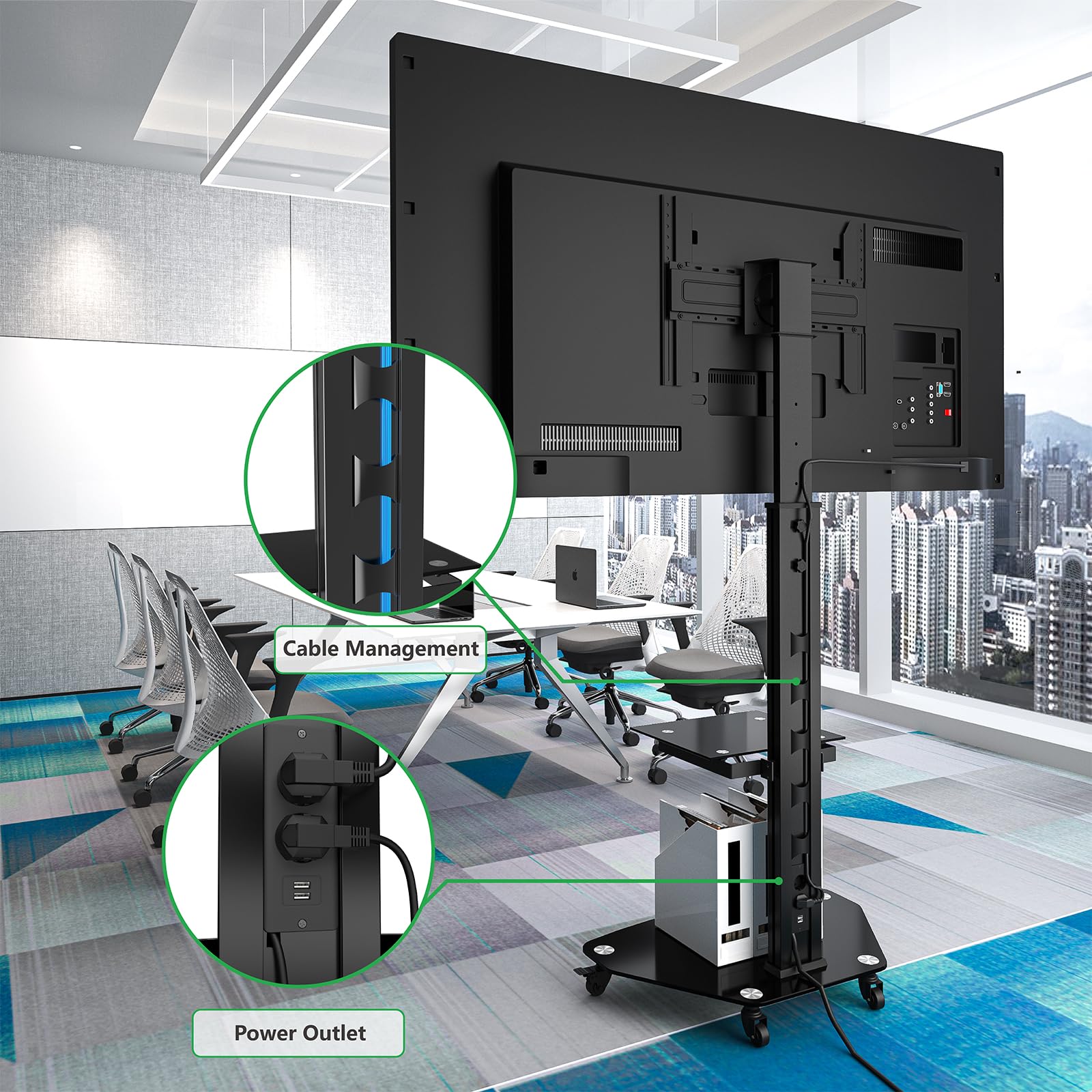 Proton Support TV Mobile sur roulettes avec étagère, Noir, Base en Verre, 209 cm