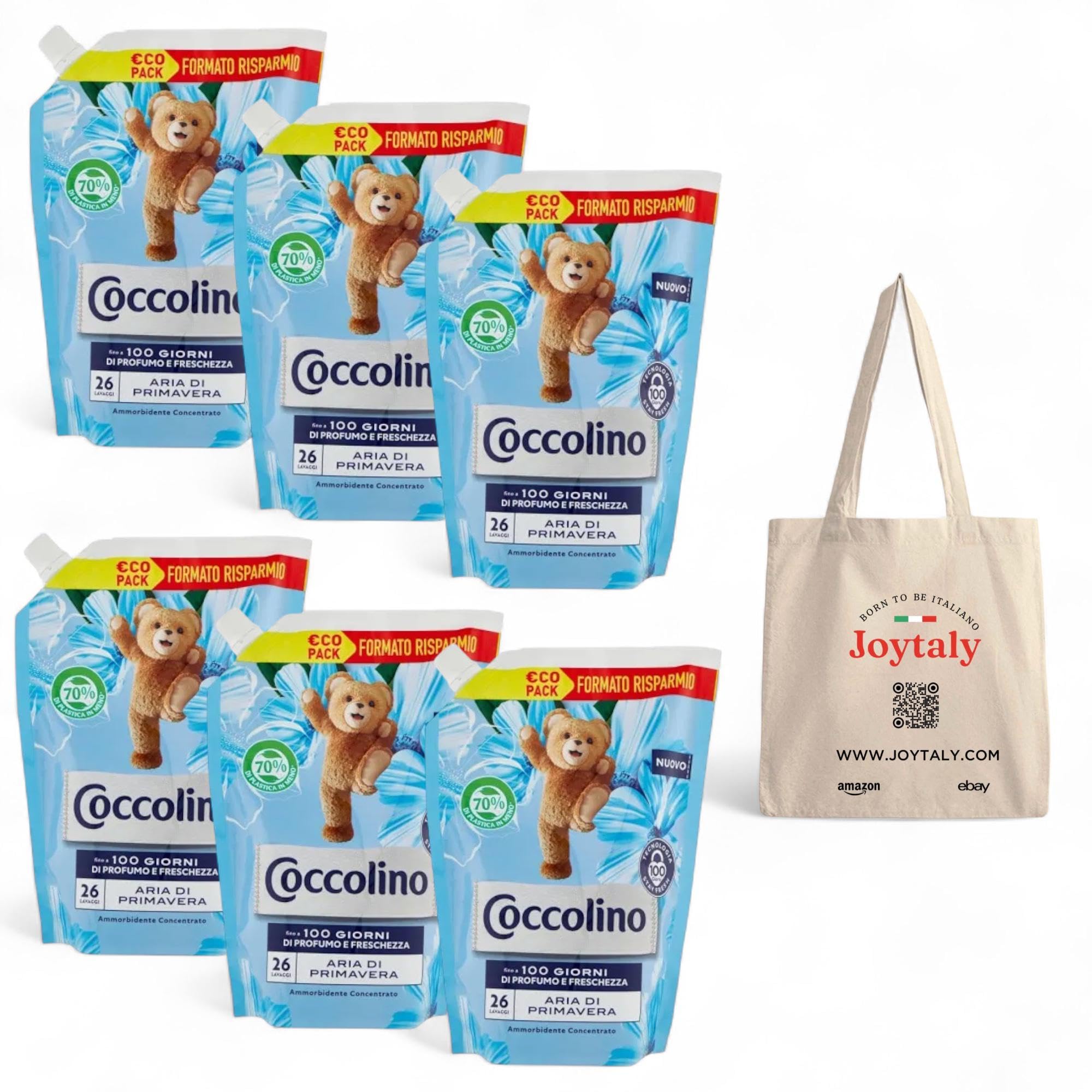 6 x Coccolino Spring Air Fabric Softener Concentrate Softness and Freshness for Long Time 144 Washes Total - 6 Bottles of 600 ml Each