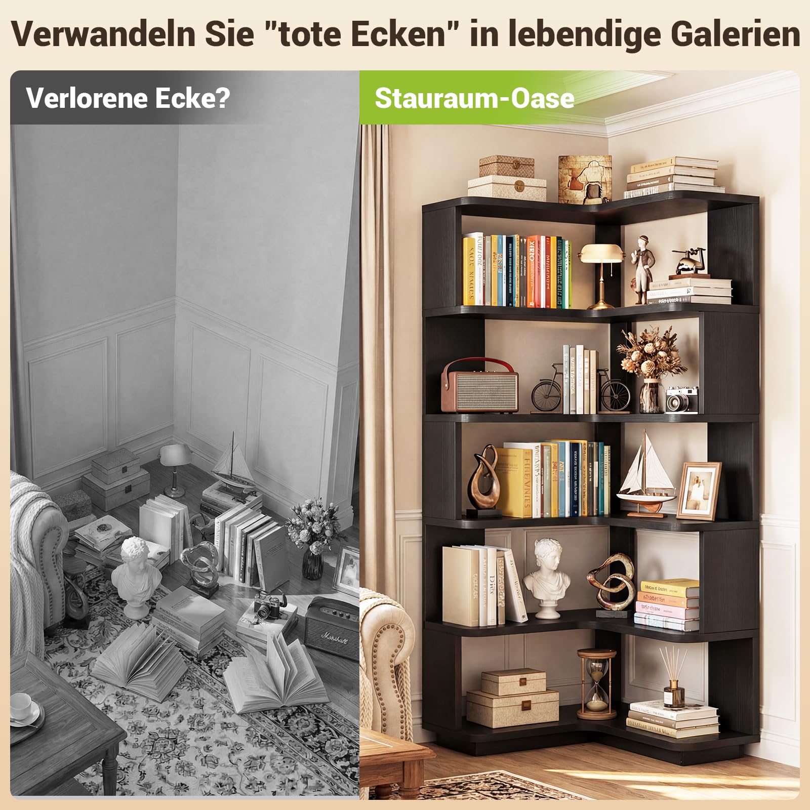 iSunirm Eckregal mit 5 Ebenen, L-Form Bücherregal für Ecken, Modernes Standregal Aktenregal für Wohnzimmer, Schlafzimmer & Büro, Holzregal Platzsparend, 60x60x162 cm, Schwarz