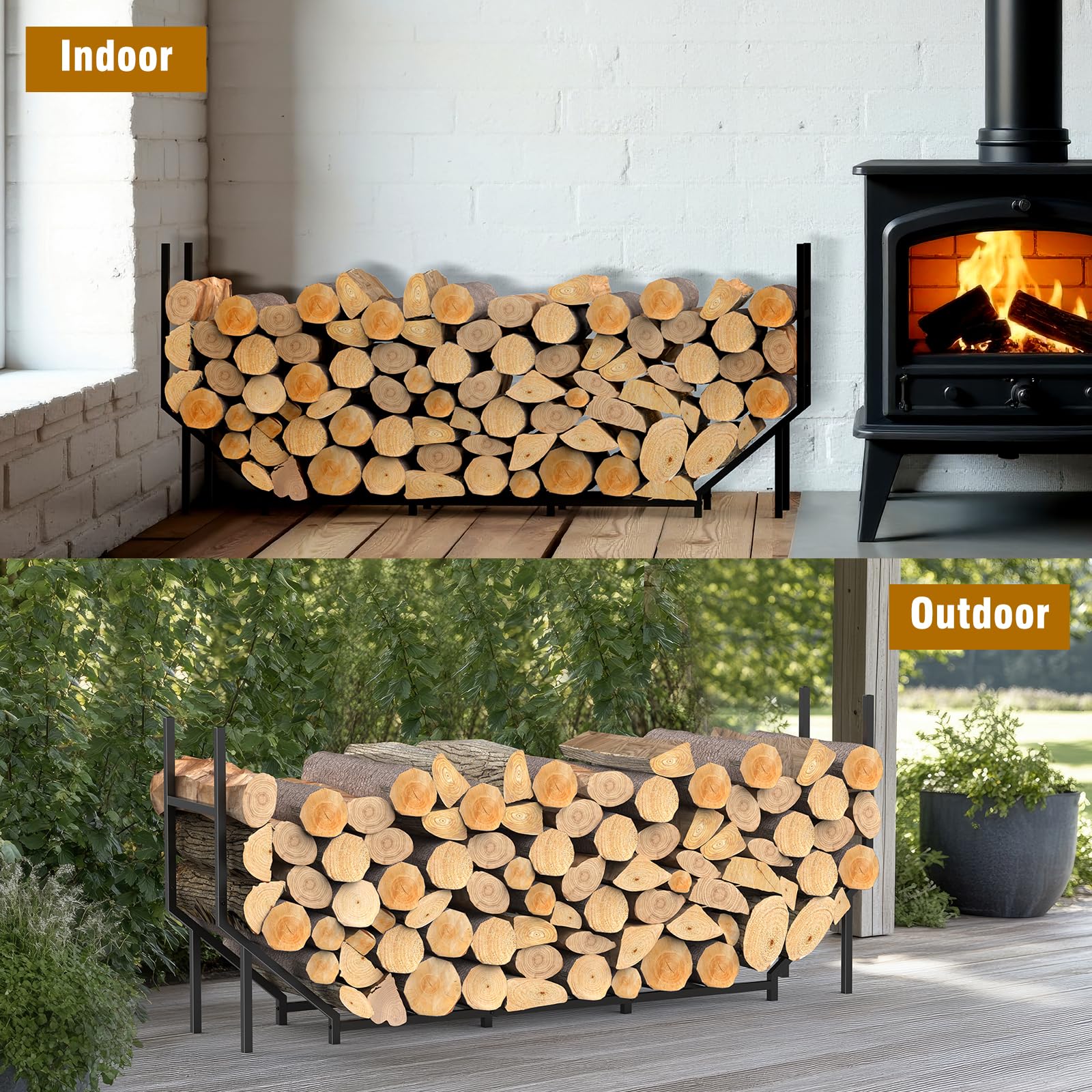 LIANTRAL Étagère à bûches de cheminée en métal pour l'extérieur - 180 x 32 x 77,5 cm - Noir