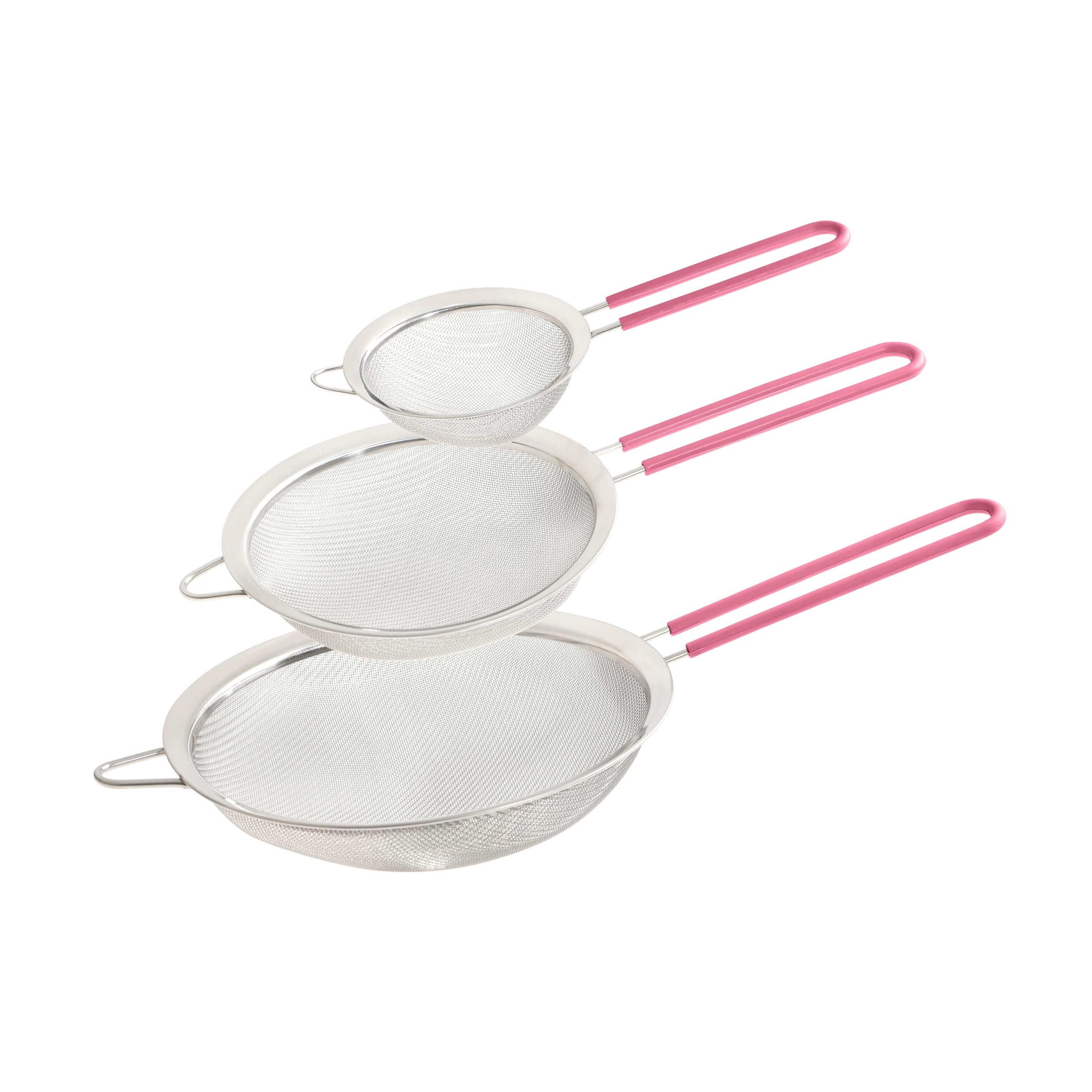 Wiltshire Set of 3 Sieves, Stainless Steel Fine Wire Mesh Strainer with Non-Slip Silicone Coated Handle, Colander & Sifter, Sift Strain Drain & Rinse, 10cm 15cm & 20cm, Dishwasher Safe, Studio Pink