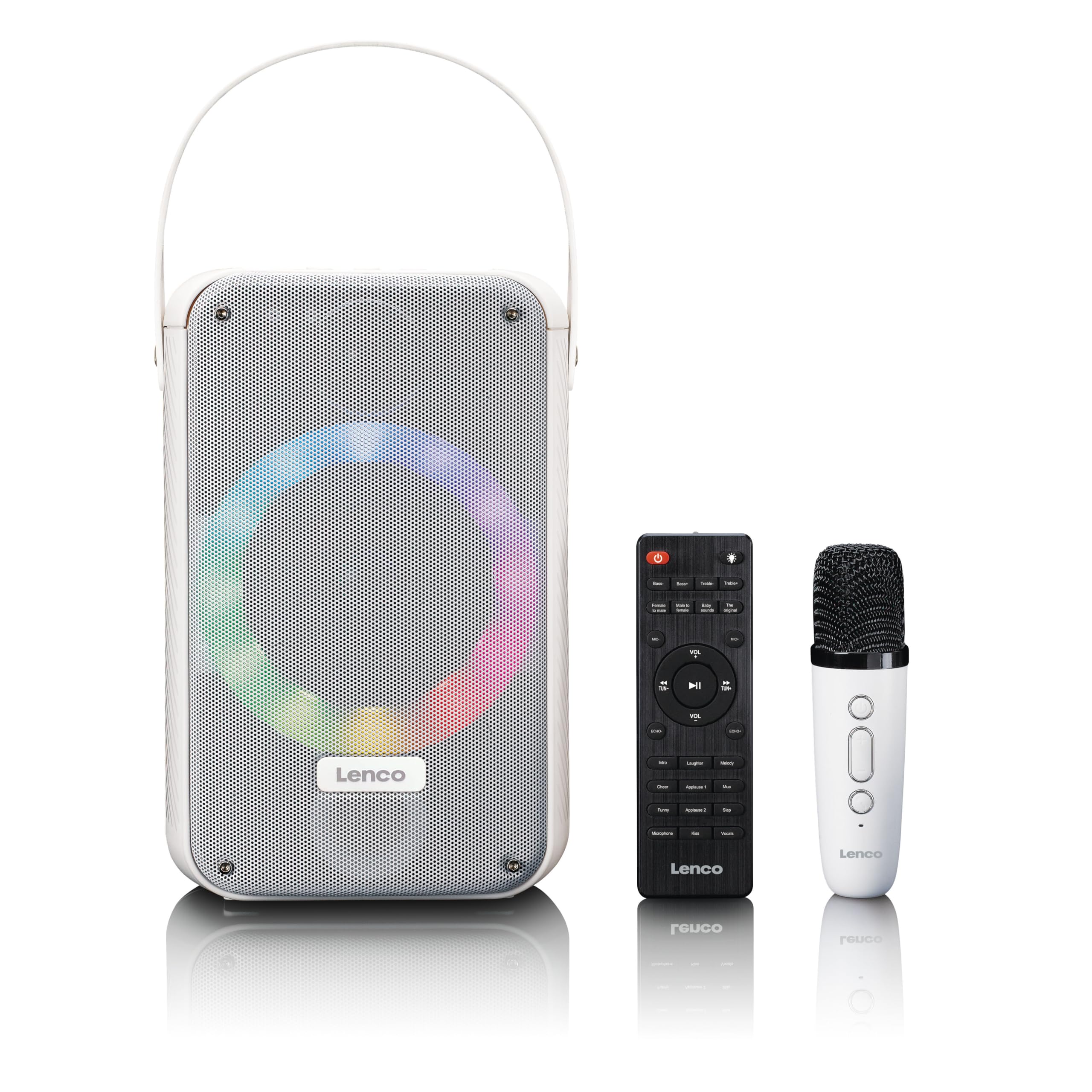 Lenco BTC-060 Macchina per karaoke portatile - Bluetooth 5.2-20 Watt RMS - 2 altoparlanti - microfono - telecomando - batteria integrata - effetti luce - bianco
