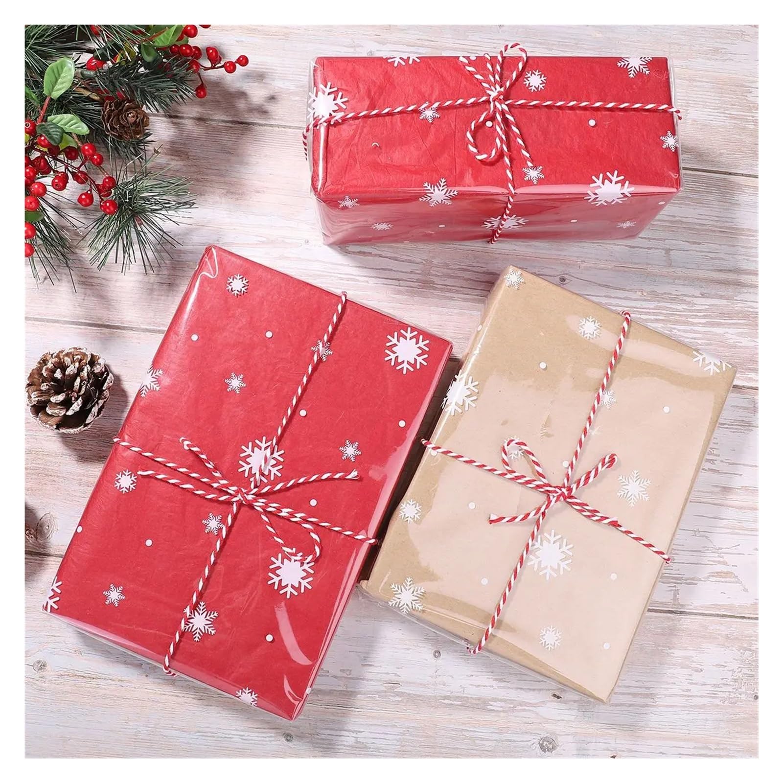 Papel de Regalo 2 rollos de celofán,5/3 milésimas pulgada grosor, decorados con copos nieve, ideales for envolver cestas regalo navideñas(80CMx3000CM)