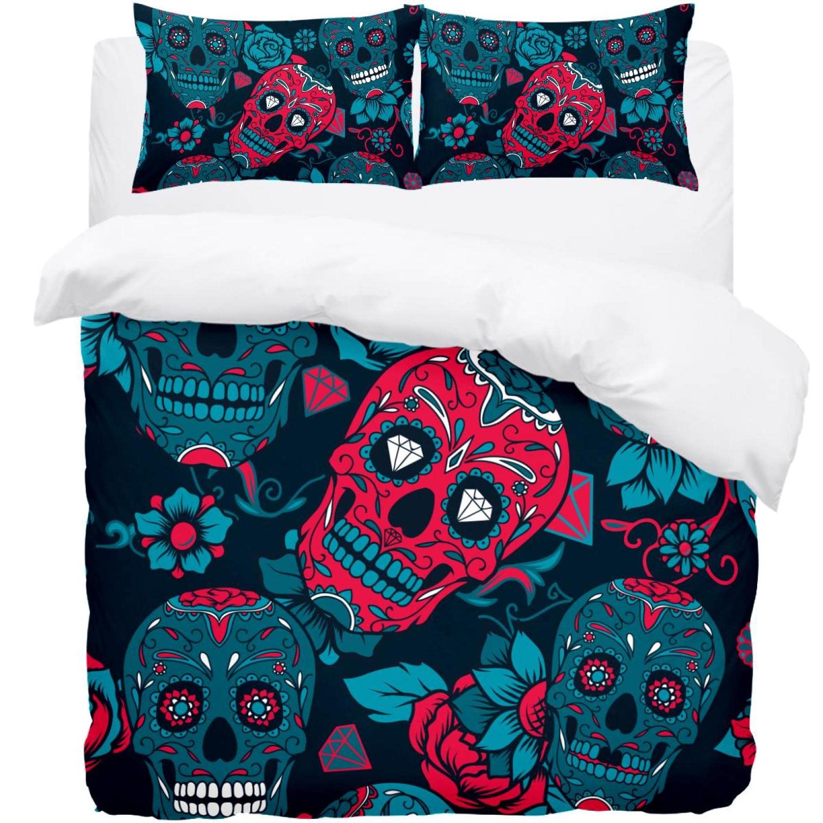 Parure de lit Floral Skulls bleu rouge avec 1 housse de couette et 2 taies d'oreiller