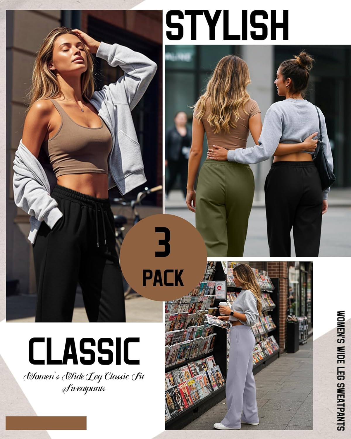 Neer 3 Pack Women's Sweatpants with Pockets, High Waisted Casual Yoga Pants Cozy Lounge Drawstring Loose Wide Leg Jogger - Image 3