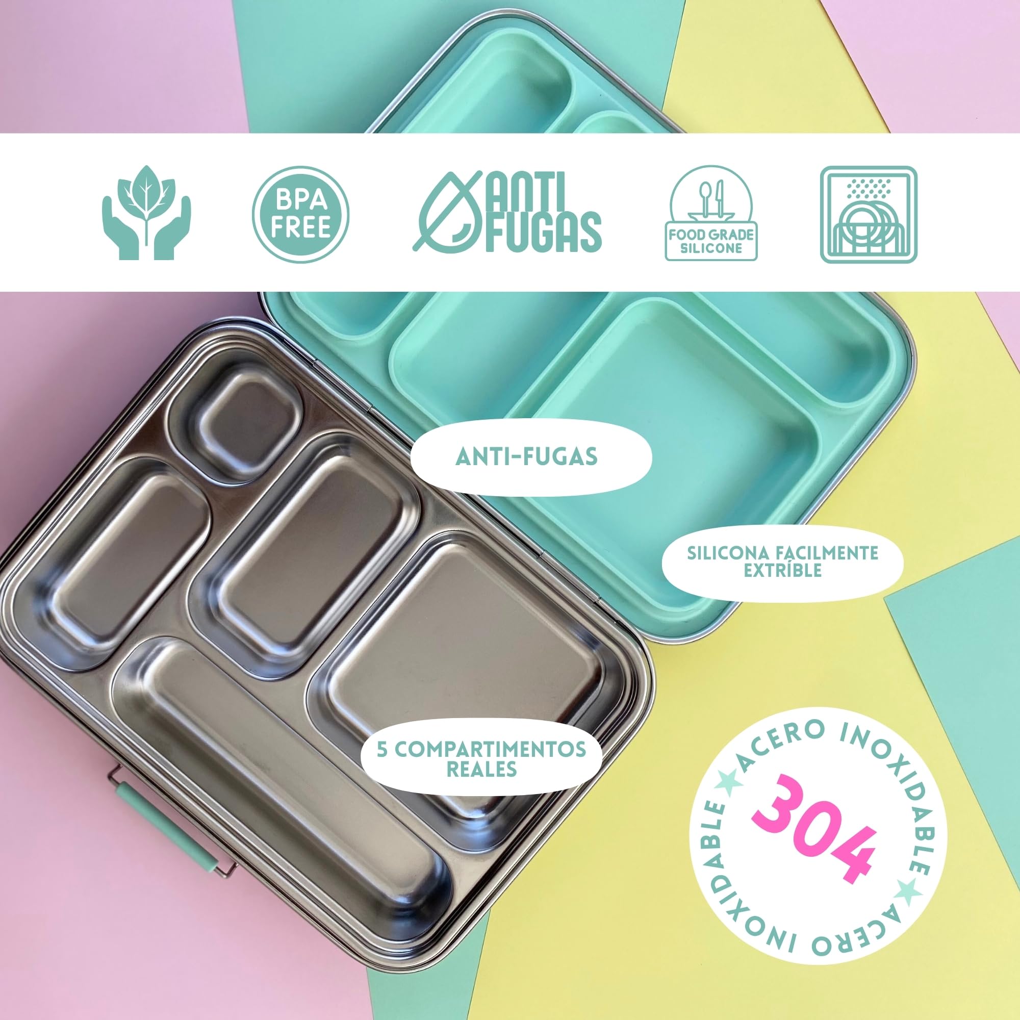 Pack Completo Fiambrera Infantil de Acero Inoxidable Antifugas con 5 Compartimentos + 2 Botes herméticos para poner yogur/hummus + Pegatinas Reutilizables. SIN BPA. CERO PLASTICOS