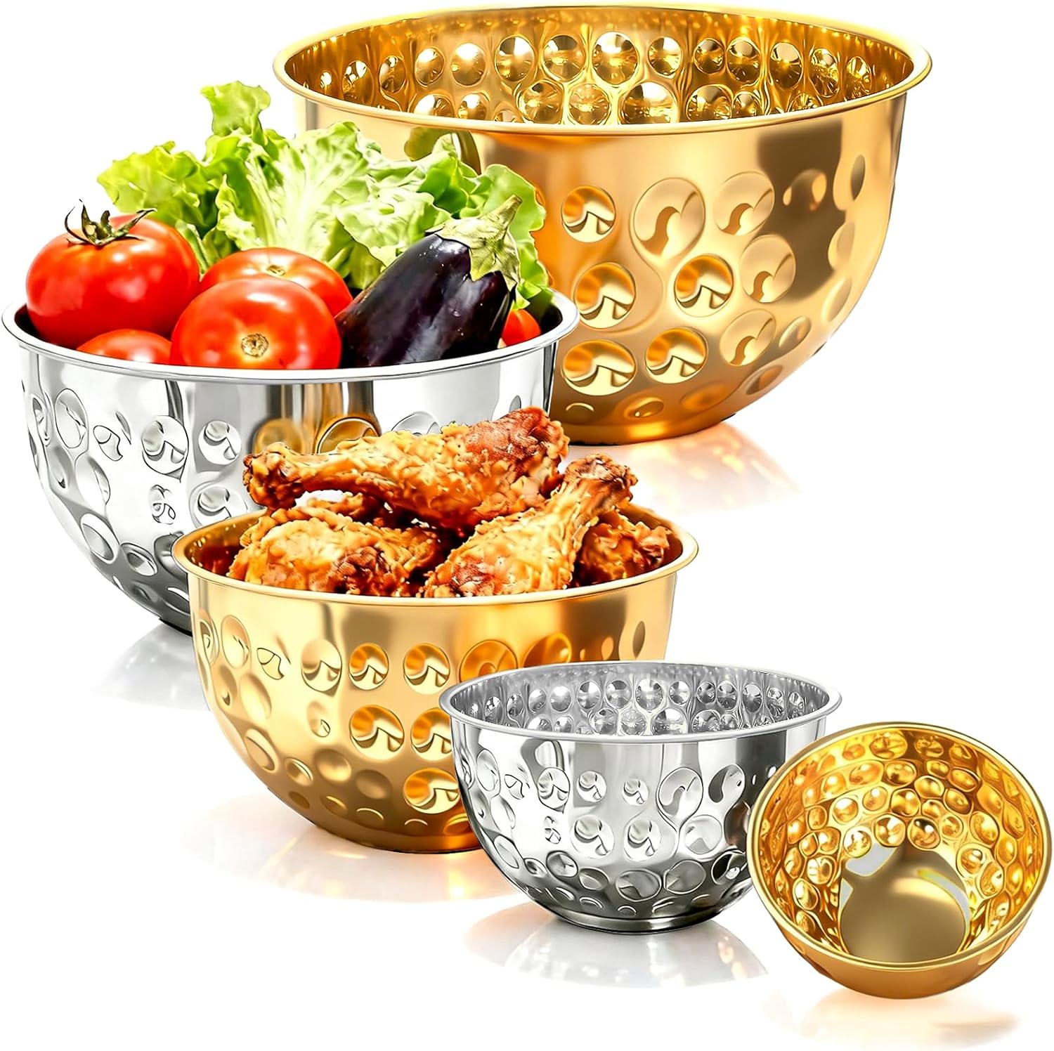 Mixing Bowls Set, 5PCS Stainless Steel Hammered Multicolor Mixing Bowls, Nesting Design Kitchen Bowls, 4.9/4.2/3.2/2.1/1.6QT for Mixing & Serving