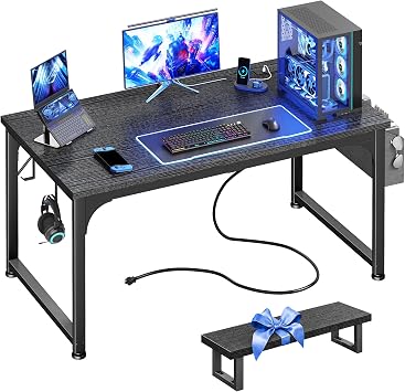 DurayLoly 47 x 24 inch Desk, 24mm Thick Heavy Duty Gaming Desk with RGB LED & Power Outlets, Detachable Stand, Hooks & Storage Bag, 110LBS Capacity, Home Office Computer Desk, Black