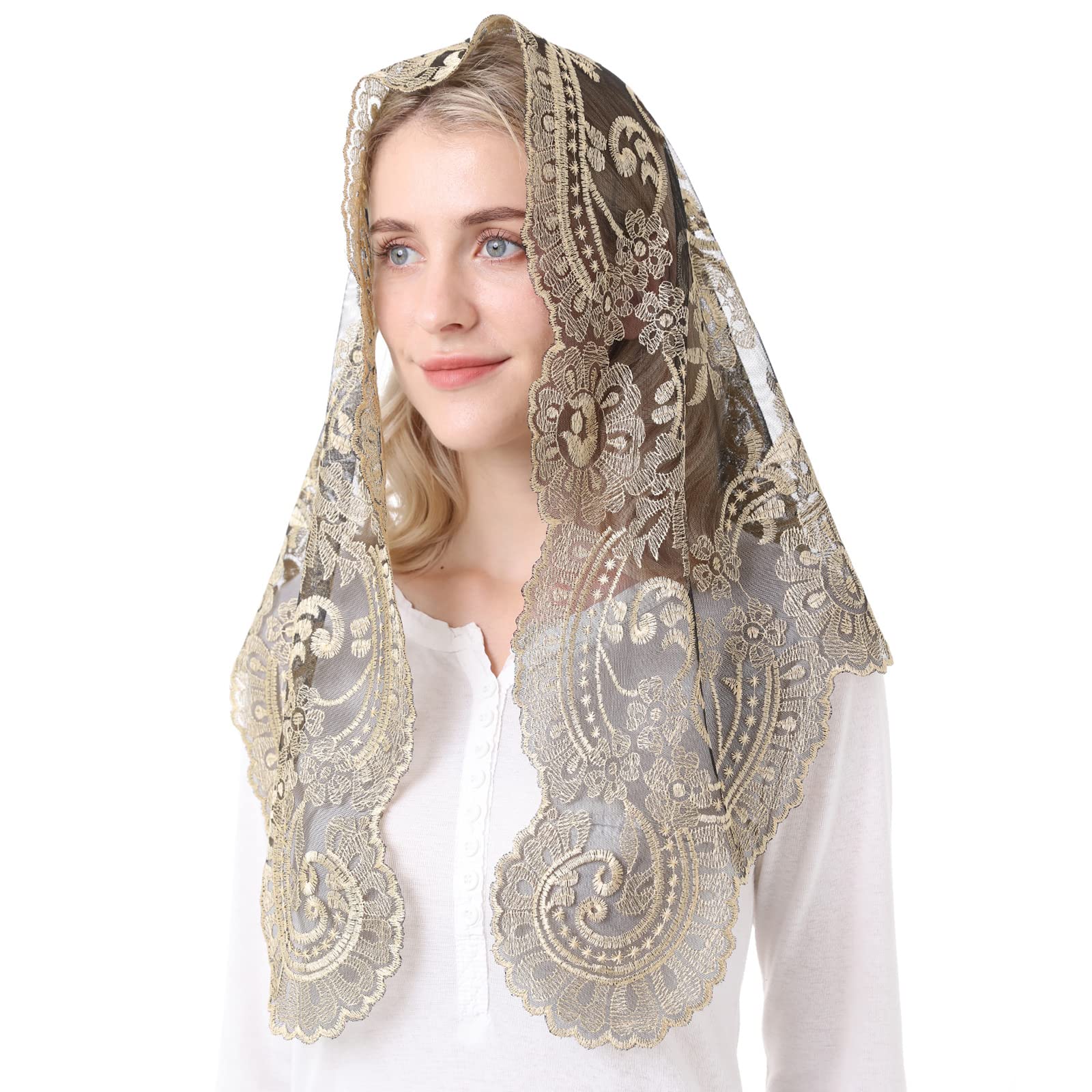 Spanish Mantilla Unisex Gold&Black Catholic Veil Church Chapel Scarf Embroidery Lace Latin Mass, Large