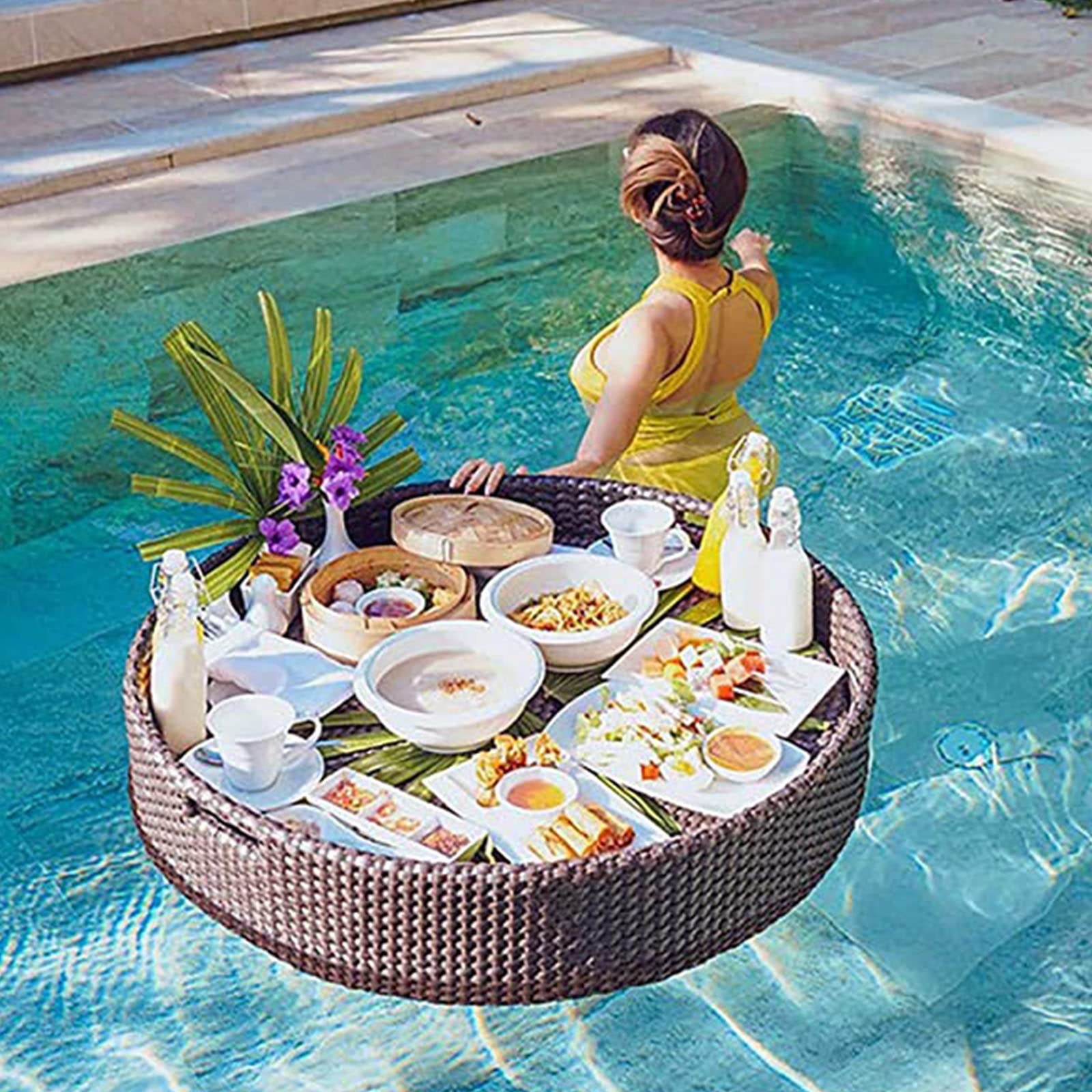 Swimming pool floating bar, Round Floating Serving Trays Table Bar Rattan Woven Floating Food Tray, Pool Serving Trays(Coffee)