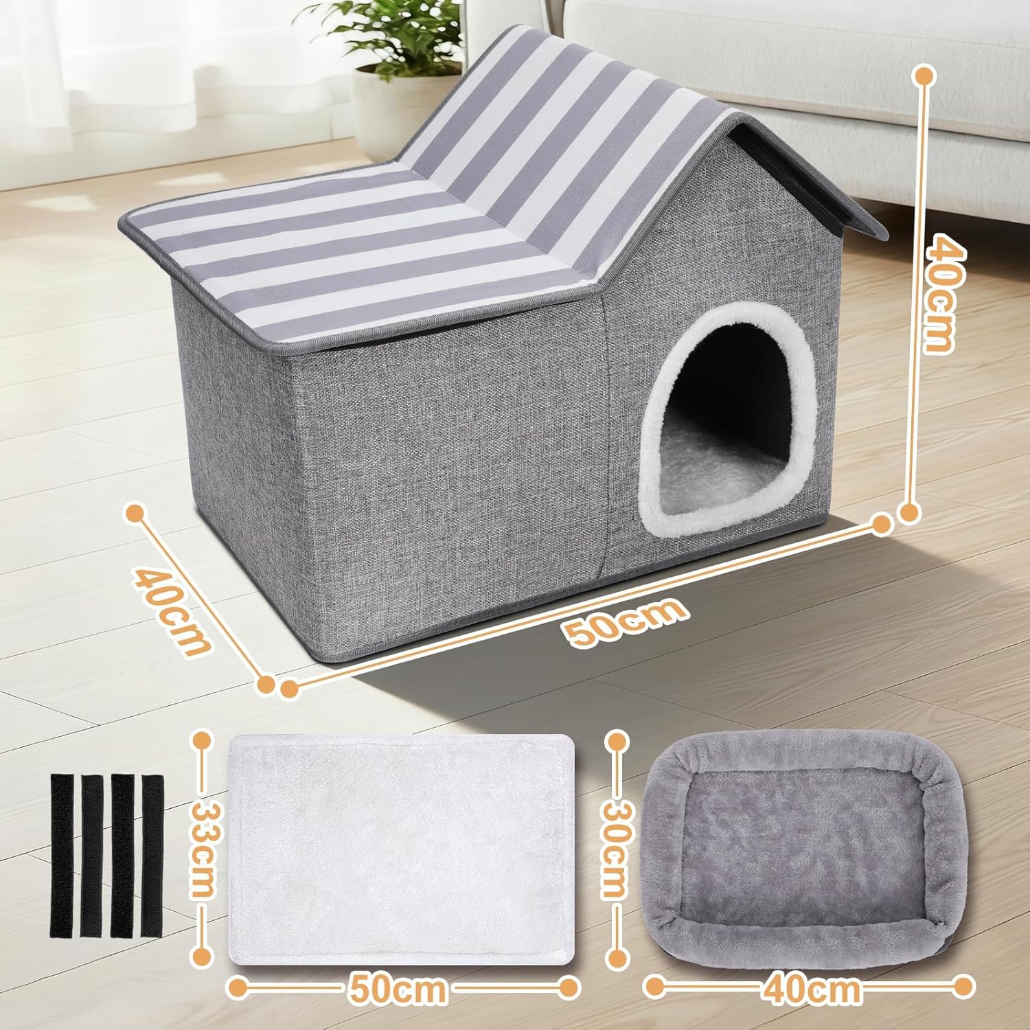 Masthome Niche pour Chat Intérieur Semi-Ouverte, Maison pour Chat 2 Étages sans Assemblage, Lit Pliable avec Coussin Amovible en Lin Respirant, Confortable pour Chatons et Petits Chiens Gris