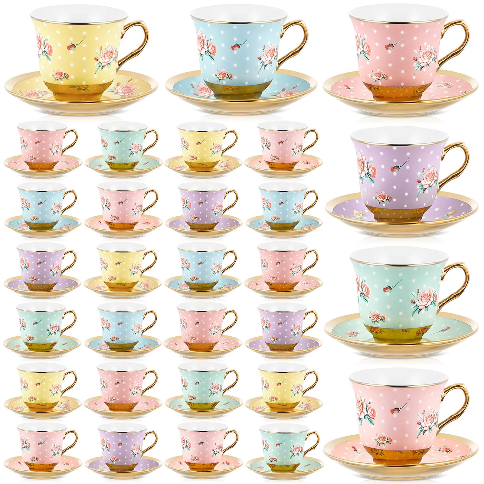 Teenyyou Set of 36 Tea Cups and Saucers, Vintage Style, 5.4 oz