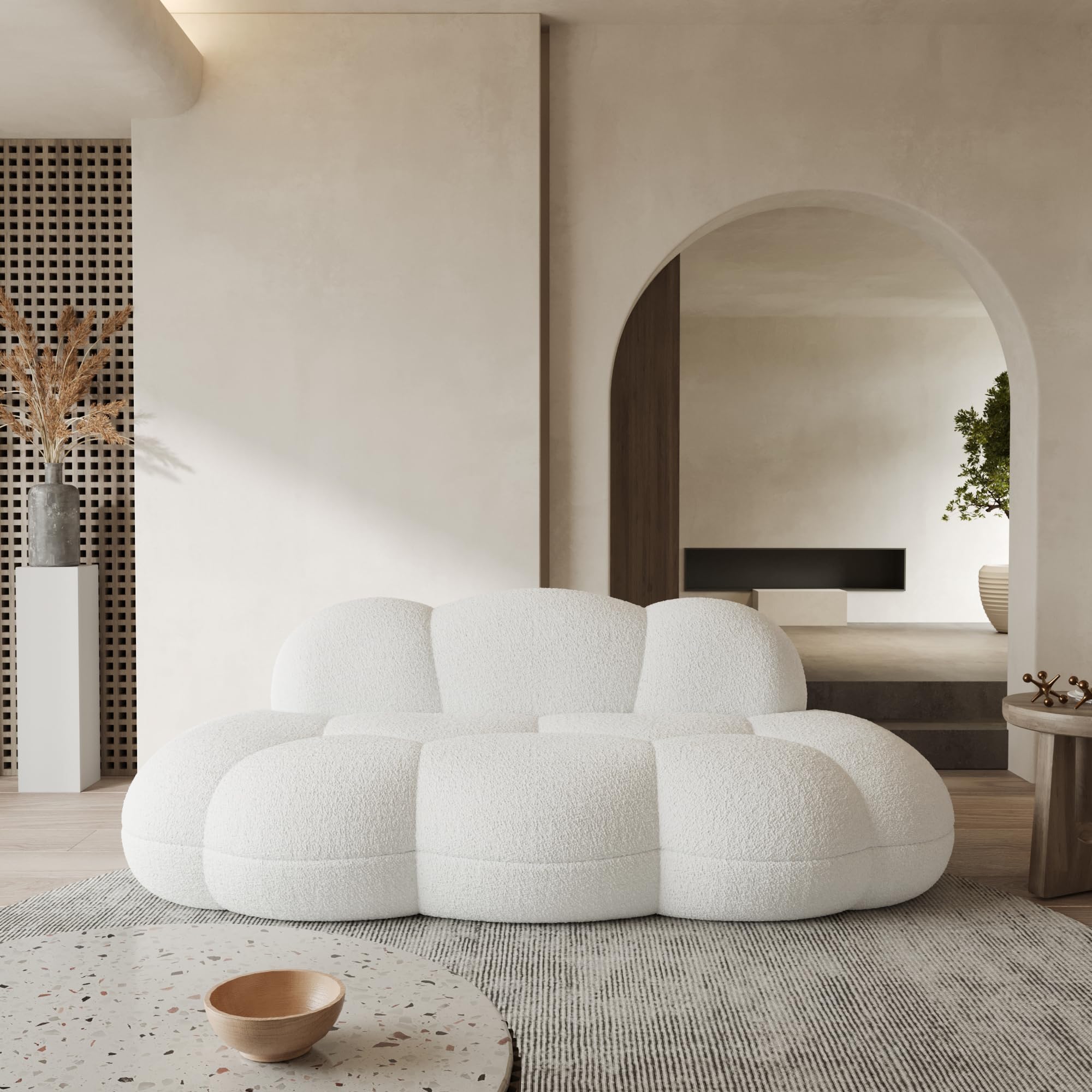 WJShome 90" Modern Curved Couch Cloud Shaped Sofa for Living Room,Lazy Floor Couch, Boucle LoveSofa, Cozy Leisure Boneless Chaise Lounge, Apartment-No