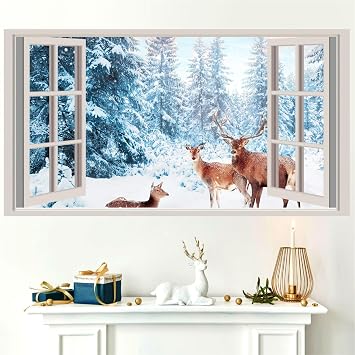 kokolap Winter Wall Stickers 3D Fake Windows Wall Stickers Forest Wall Decals Wall Decals Peel and Stick Snow Landscape Deer Stickers Pine Tree Wall Art Mural Decals Living Room Kitchen Decor