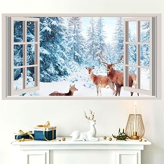 kokolap Winter Wall Stickers 3D Fake Windows Wall Stickers Forest Wall Decals Wall Decals Peel and Stick Snow Landscape Deer Stickers Pine Tree Wall Art Mural Decals Living Room Kitchen Decor