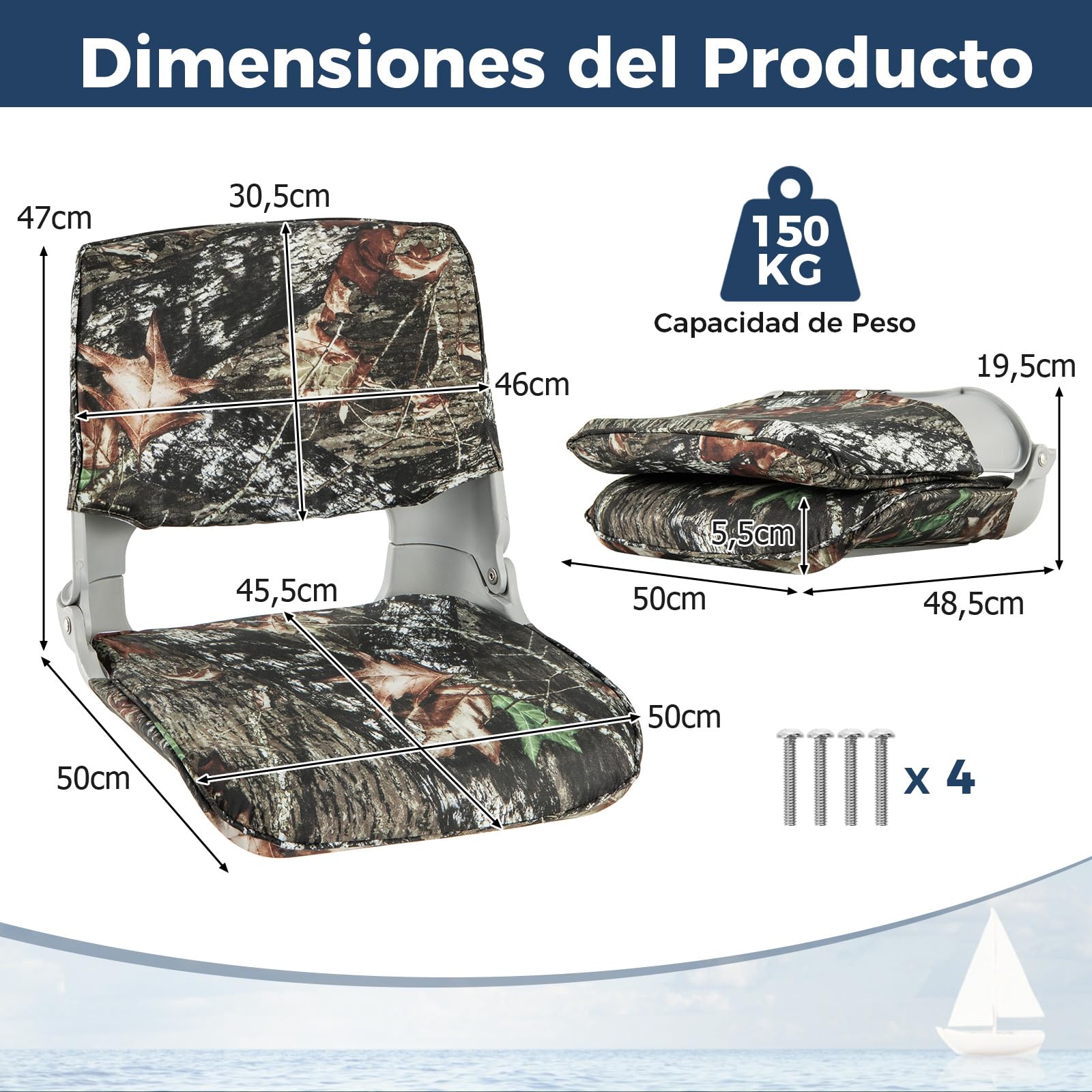 COSTWAY Asiento Barco Plegable, Sillas para Barco con Respaldo Bajo, Acolchado de Esponja Gruesa, Asiento Yate Impermeable, Canoa, Camuflaje